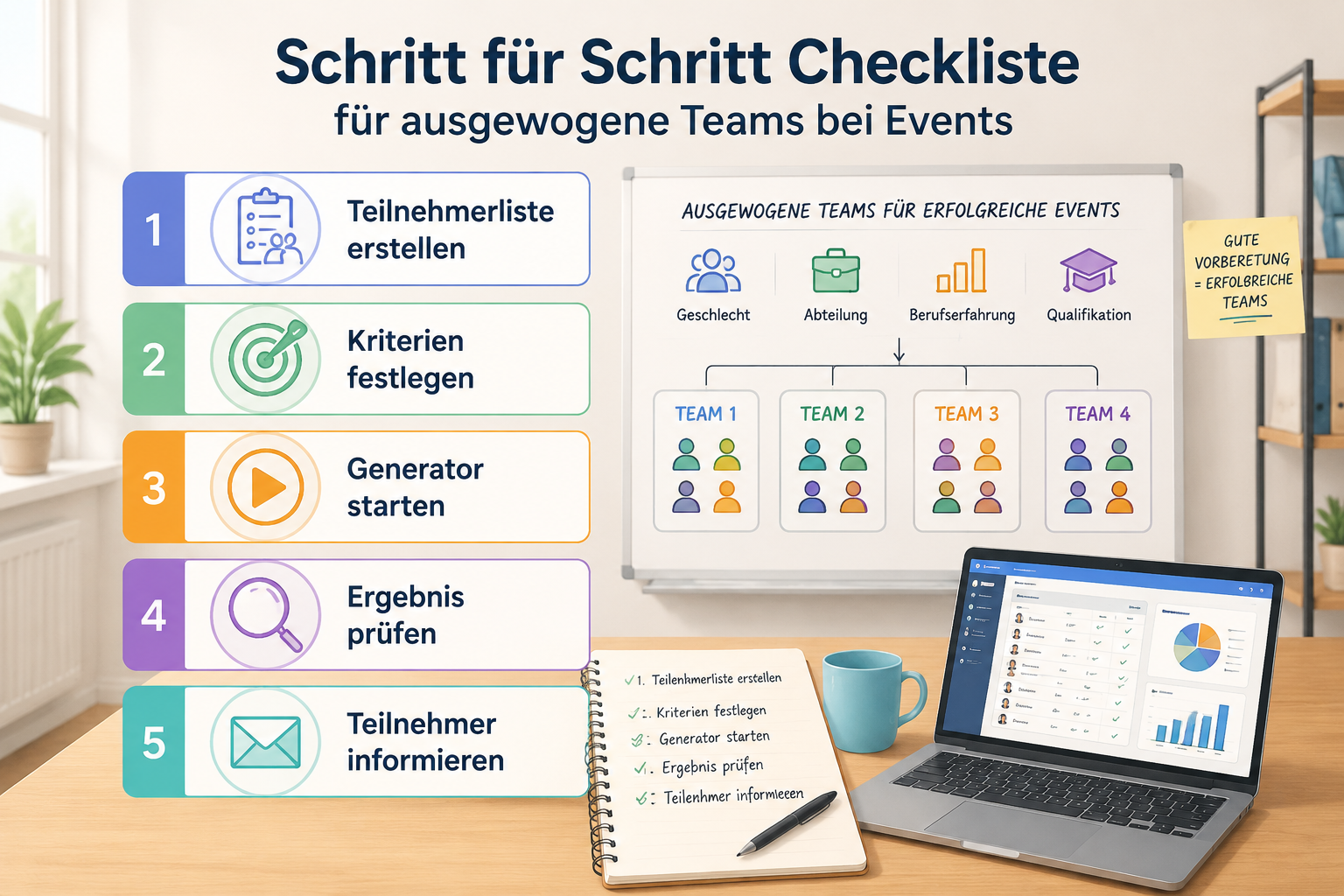 Eine nummerierte Checklisten-Illustration mit den Schritten: Teilnehmerliste erstellen, Kriterien festlegen, Generator starten, Ergebnis prüfen, Teilnehmer informieren.