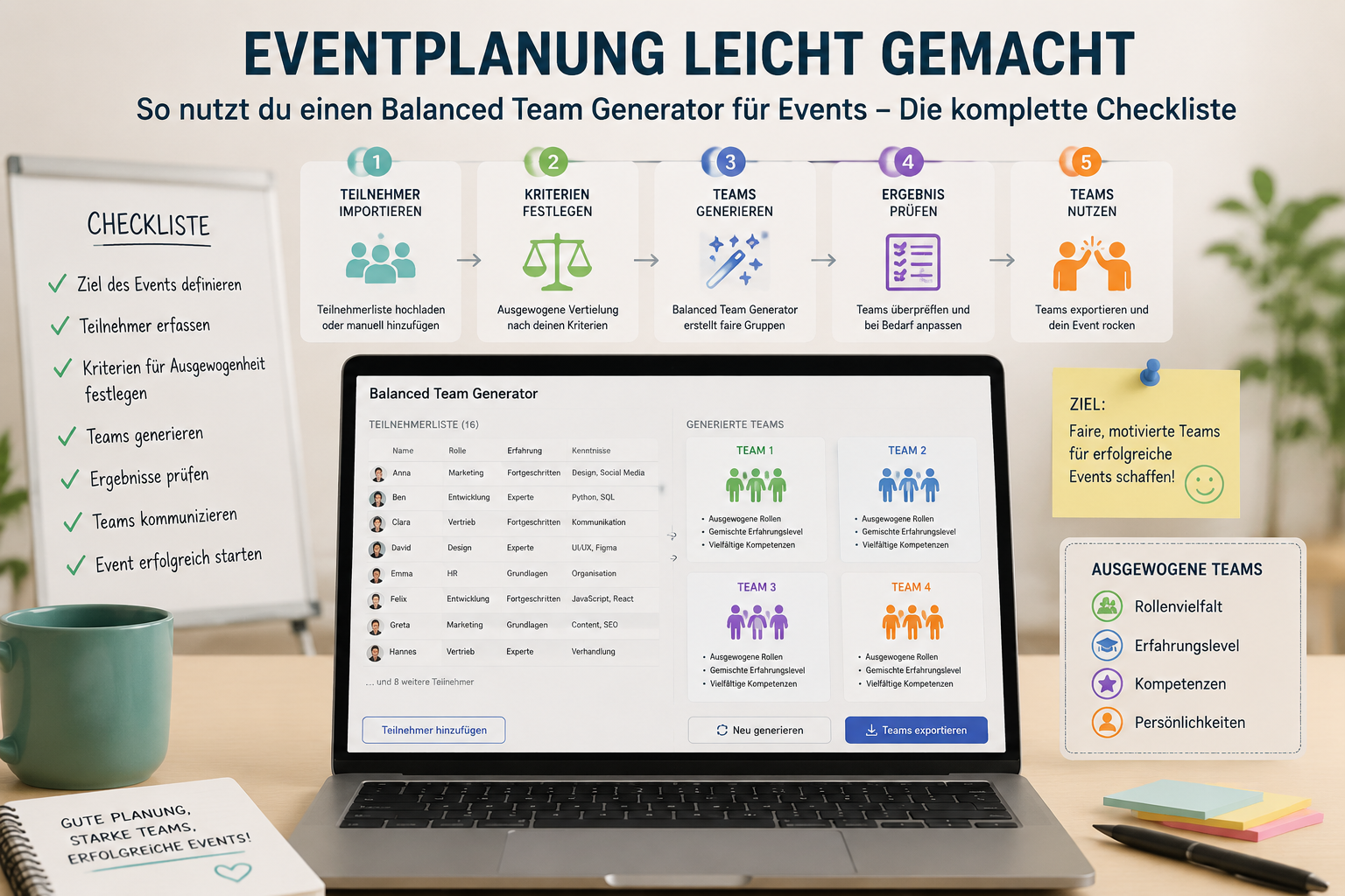 Eine übersichtliche Darstellung des Eventplanungsprozesses mit dem Balanced Team Generator, darunter ein Laptop mit geöffnetem Tool, eine Teilnehmerliste und farbige Gruppensymbole, die die faire Verteilung veranschaulichen.