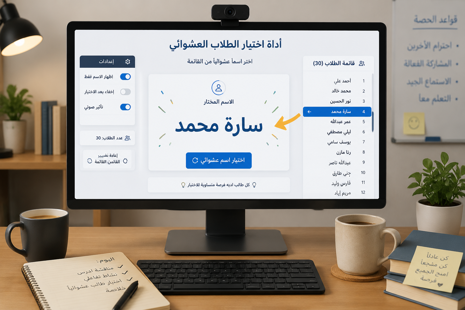 شاشة حاسوب تظهر أداة رقمية لاختيار اسم طالب عشوائياً، مع قائمة طويلة من الأسماء ومؤشر يبرز اسماً محدداً، على مكتب مع أكواب قهوة.