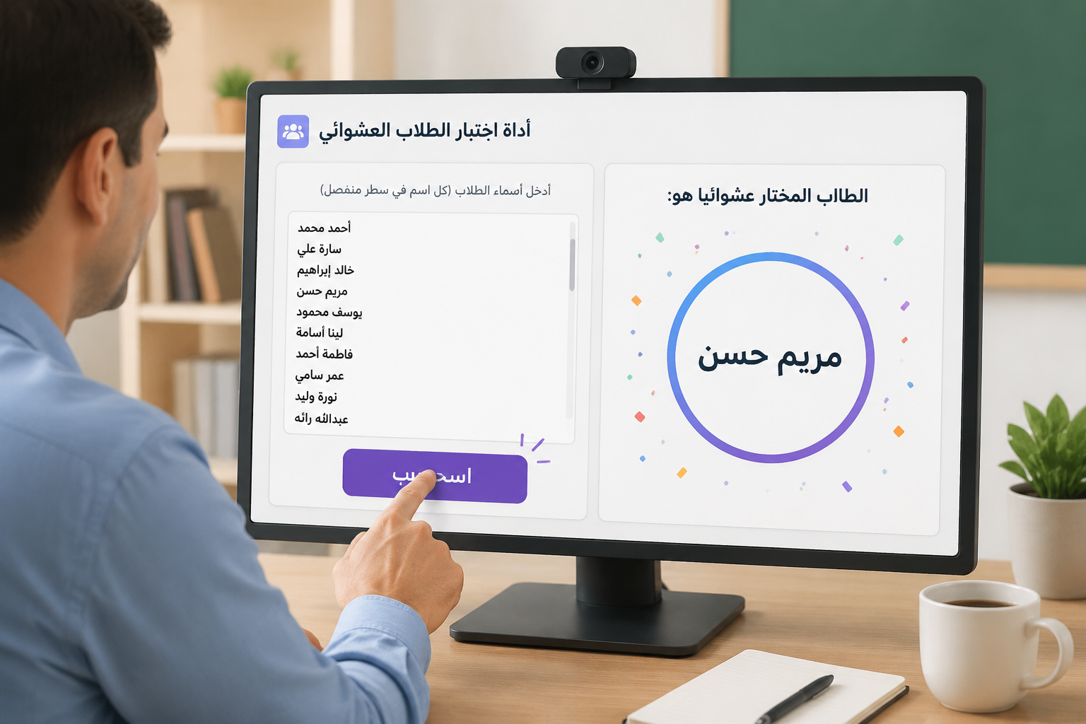 يد مُعلّم تنقر على زر 'اسحب' في واجهة الأداة، وتظهر النتيجة على الشاشة مع اسم طالب محاط بدائرة ملوَّنة.