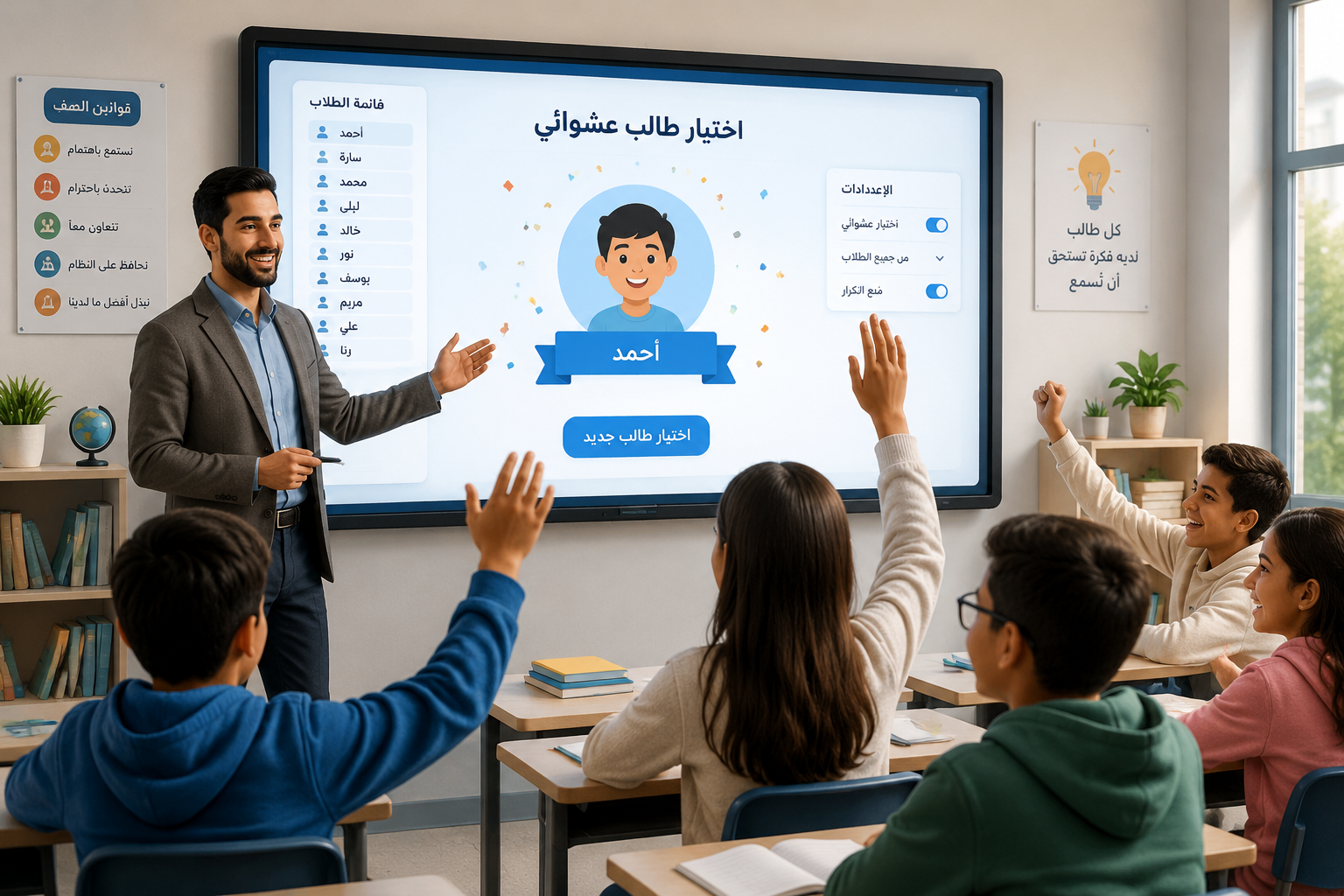 رسم توضيحي لمعلم يقف أمام سبورة ذكية تظهر عليها أداة اختيار عشوائي للطلاب، بينما يتفاعل الطلاب بحماس.