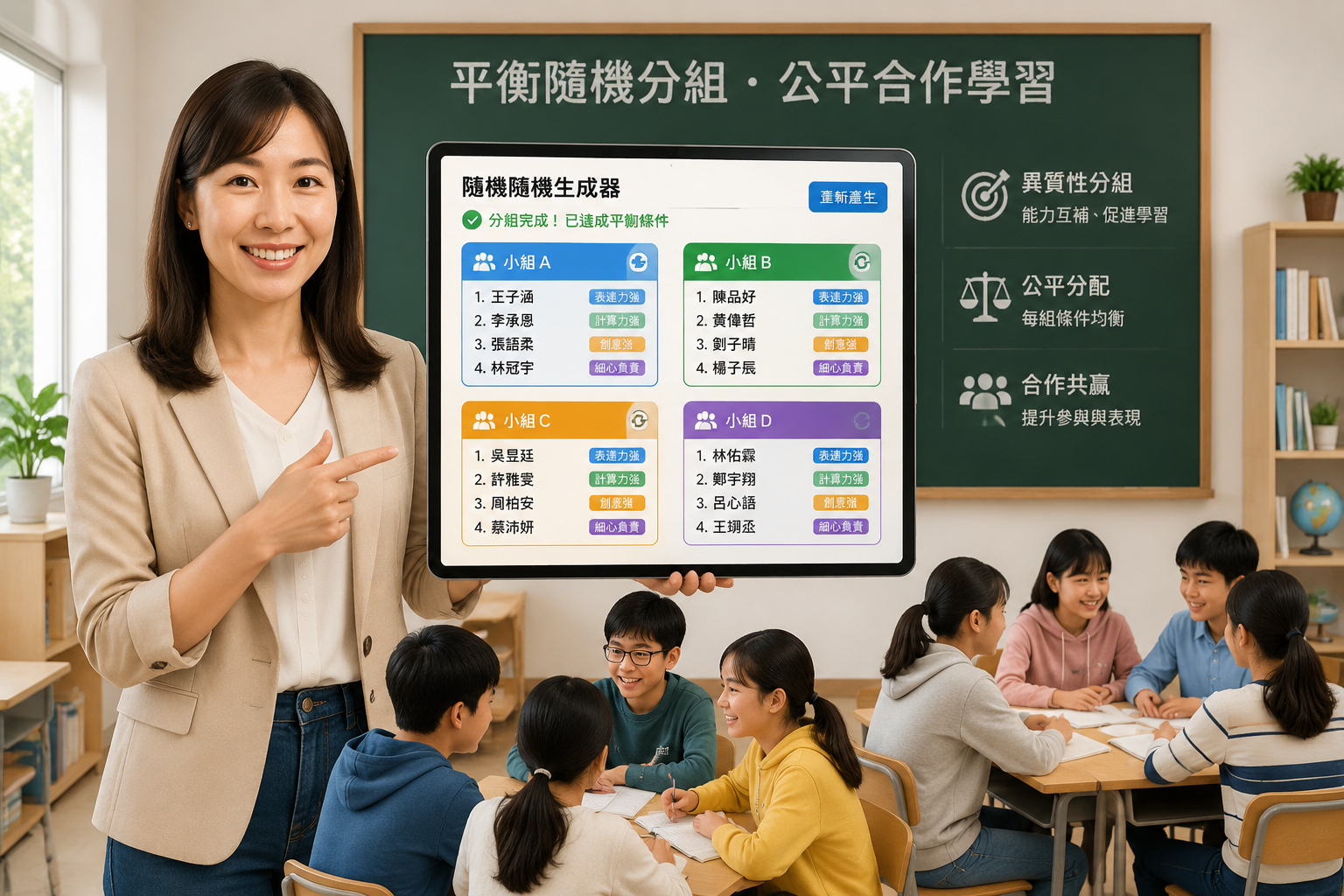 一位教師站在課堂前面，手持平板電腦顯示隨機分組生成器介面，螢幕上浮現四個不同顏色平衡小組的名單，背景是明亮、整潔的教室與黑板。