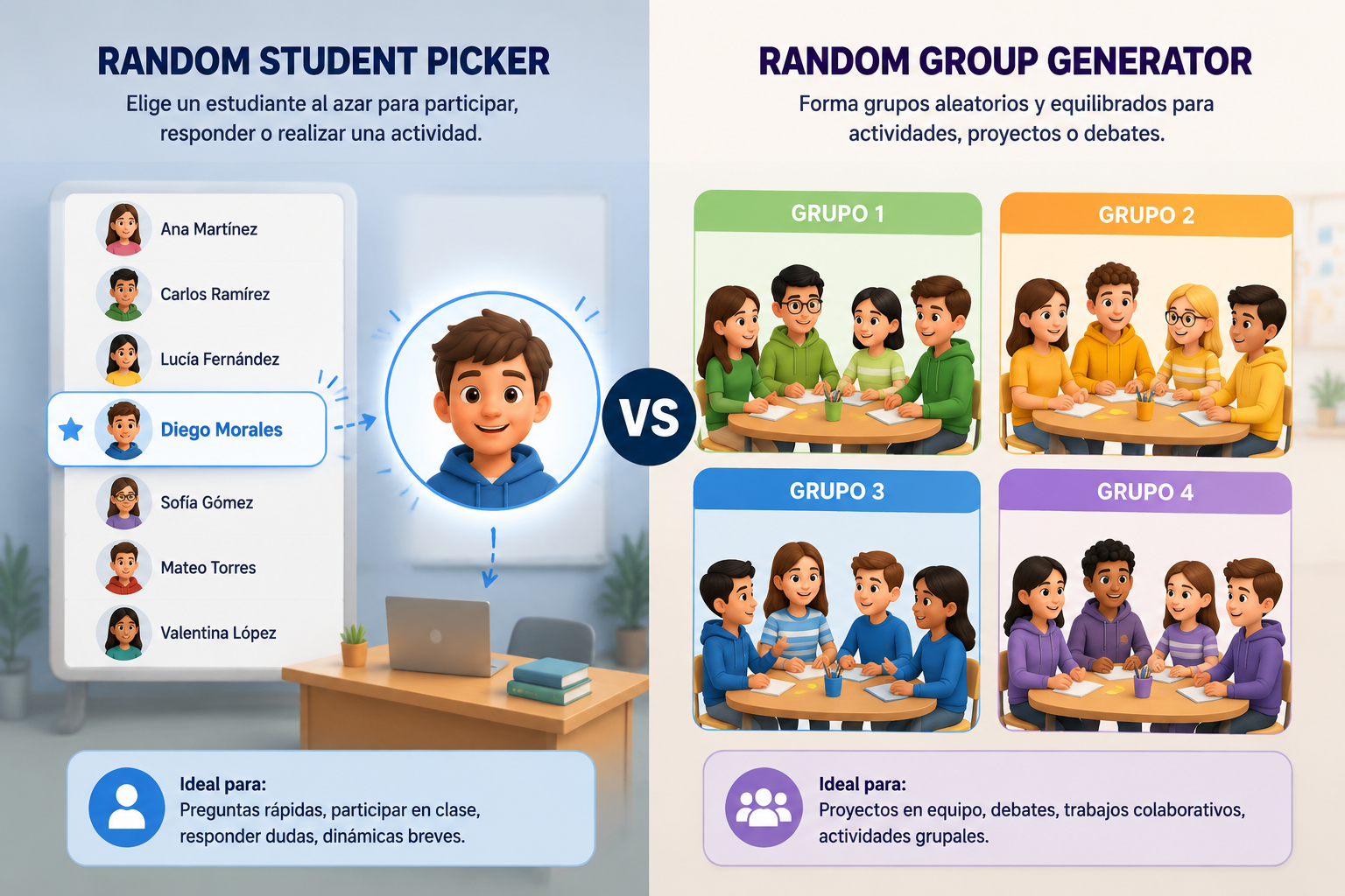 A split-screen illustration. Left side shows a single student avatar highlighted from a list of names, representing random student picker. Right side shows multiple student avatars organized into four distinct colored groups, representing random group generator. Clean vector style, no logos.