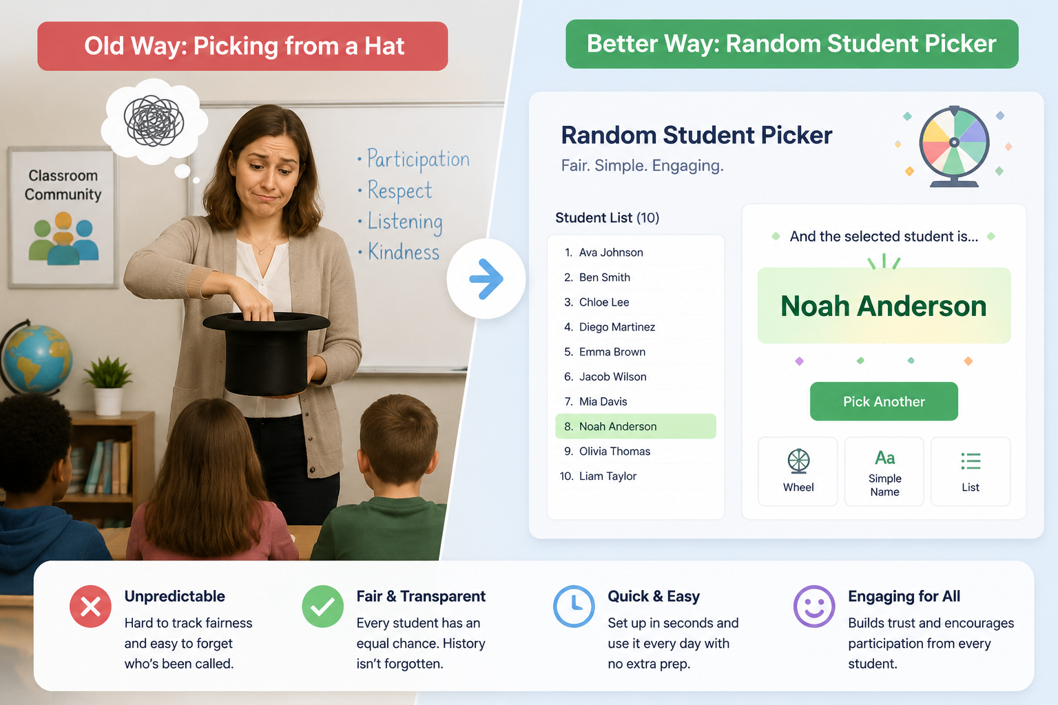 A split-screen comparison showing a teacher picking a student from a hat on the left versus a clean digital random student picker screen on the right, with all student names visible and one highlighted.