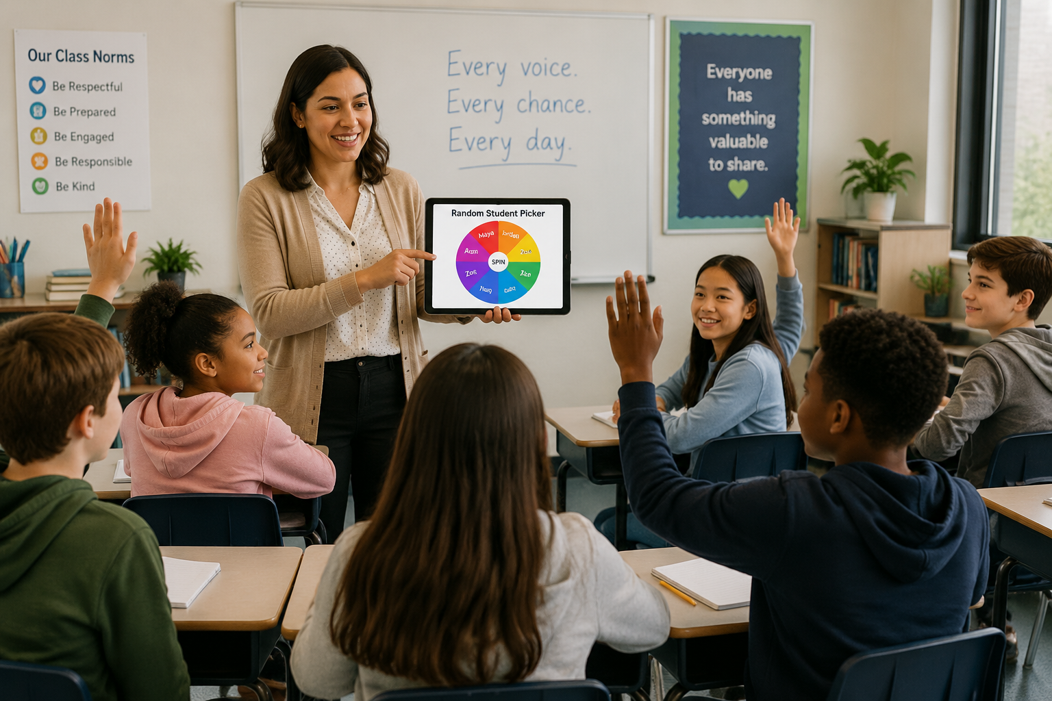 A diverse middle-school classroom with a teacher holding a tablet showing a digital wheel of student names. Students look engaged and attentive, hands partially raised in anticipation.