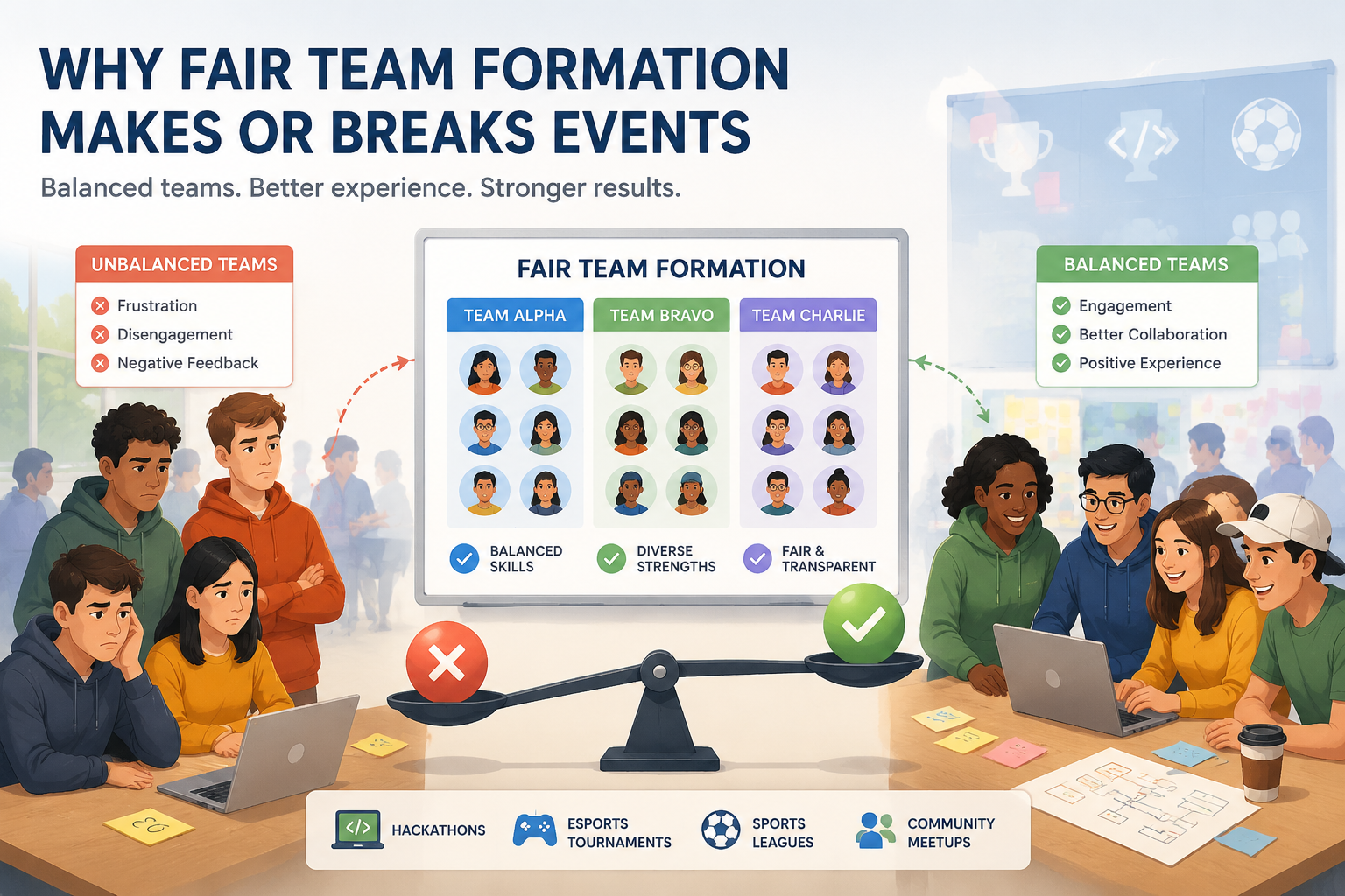 editorial article hero illustration about Why Fair Team Formation Makes or Breaks Events. Section context: You've secured the venue, confirmed sponsors, and promoted your hackathon/tournament/community event for weeks. Now comes the moment of truth: creating t