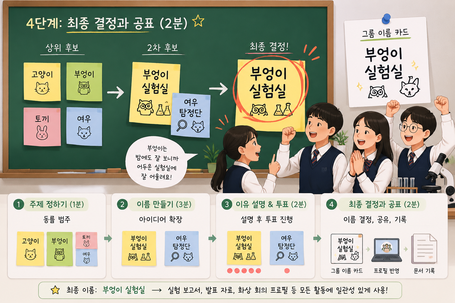 칠판 앞에 붙인 여러 개의 그룹명 후보 포스트잇과 최종 이름에 동그라미가 쳐진 모습, 단계별 진행이 시각적으로 표현된 일러스트