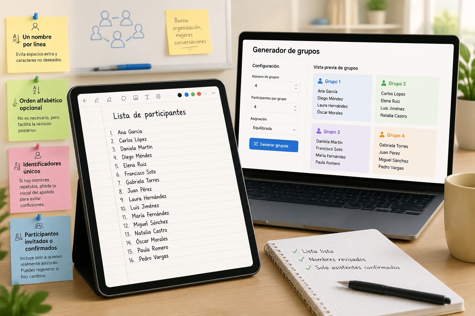 lista de nombres en un bloc de notas digital, con la herramienta de generación de grupos en segundo plano