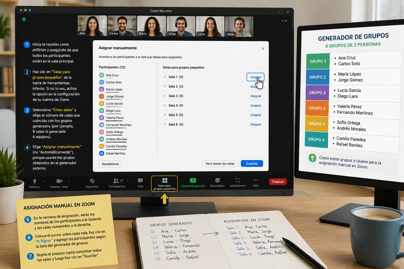 ventana de Zoom mostrando la asignación manual de participantes a salas breakout, con la lista del generador de grupos visible en un monitor secundario