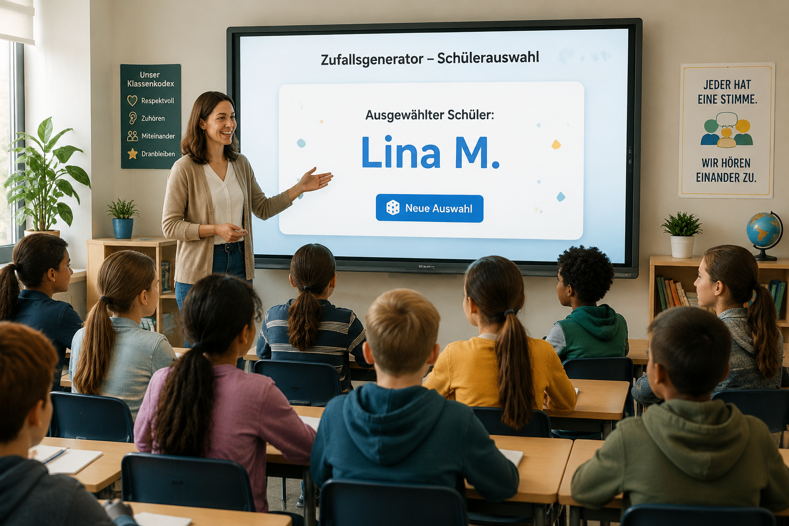 Illustration einer freundlichen Lehrerin vor einer digitalen Tafel, auf der ein Zufallsgenerator einen zufälligen Schülernamen anzeigt, während eine bunt gemischte Schülergruppe aufmerksam zuhört, ohne bestimmte Schüler hervorzuheben