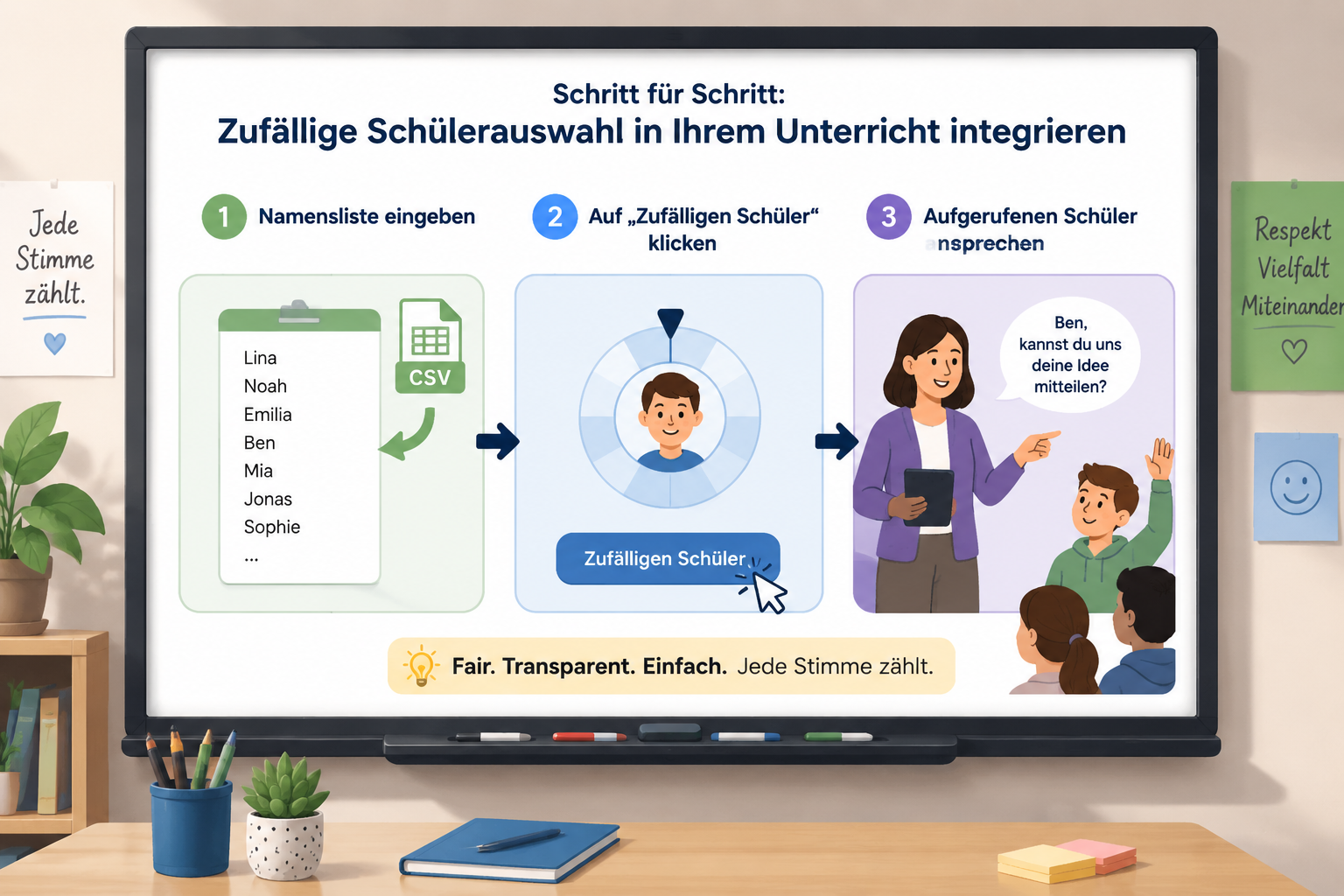 Flussdiagramm mit drei vereinfachten Schritten: 1. Namensliste eingeben, 2. Auf „Zufälligen Schüler“ klicken, 3. Aufgerufenen Schüler ansprechen, dargestellt in freundlichen Piktogrammen und mit Blick auf ein digitales Whiteboard