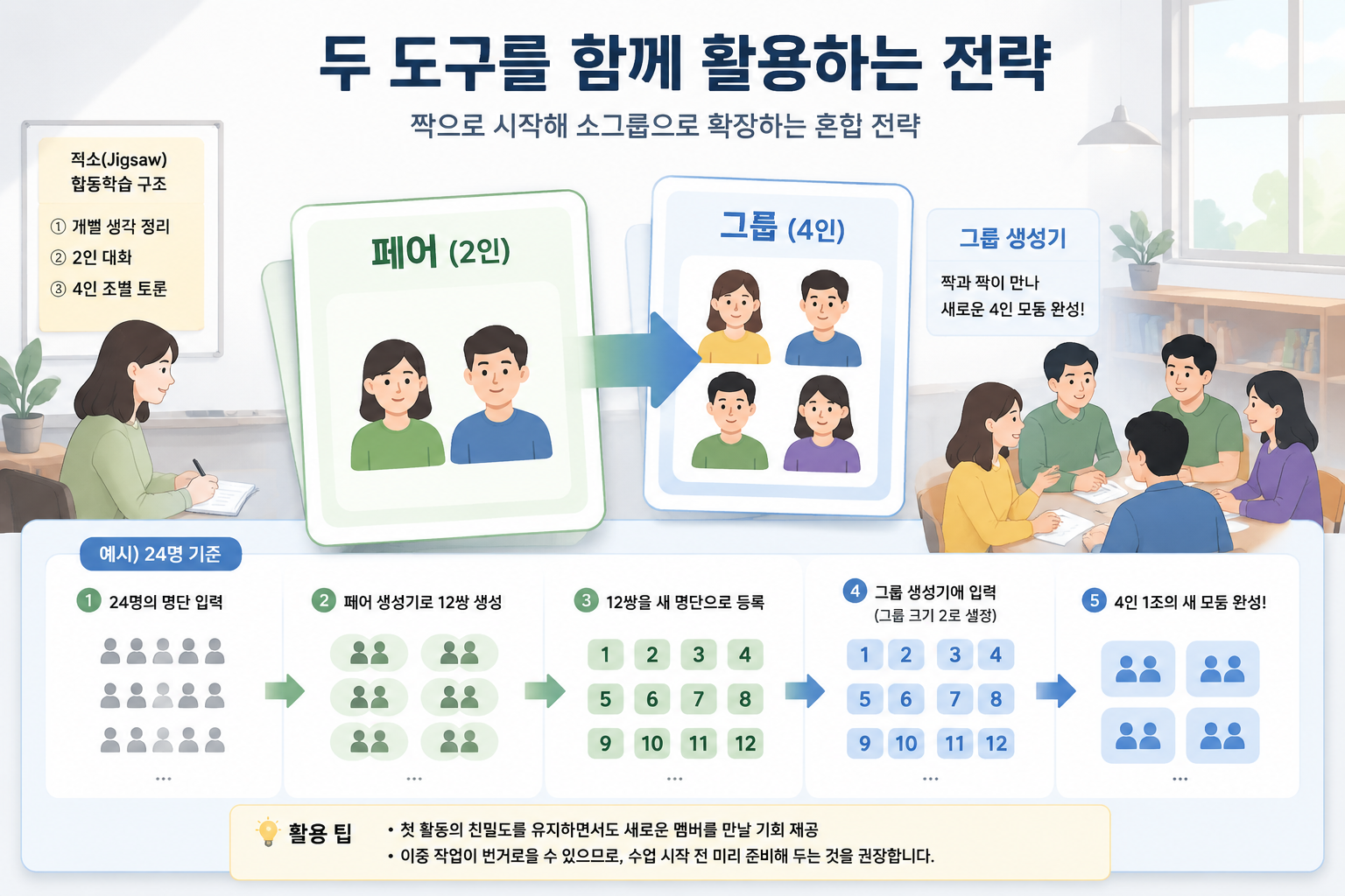 두 장의 카드가 겹쳐진 모습, 앞면에는 2명의 아이콘이 있는 페어 카드, 뒷면에는 4명의 그룹 카드가 보이며, 화살표가 페어에서 그룹으로 확장되는 개념을 나타내는 인포그래픽