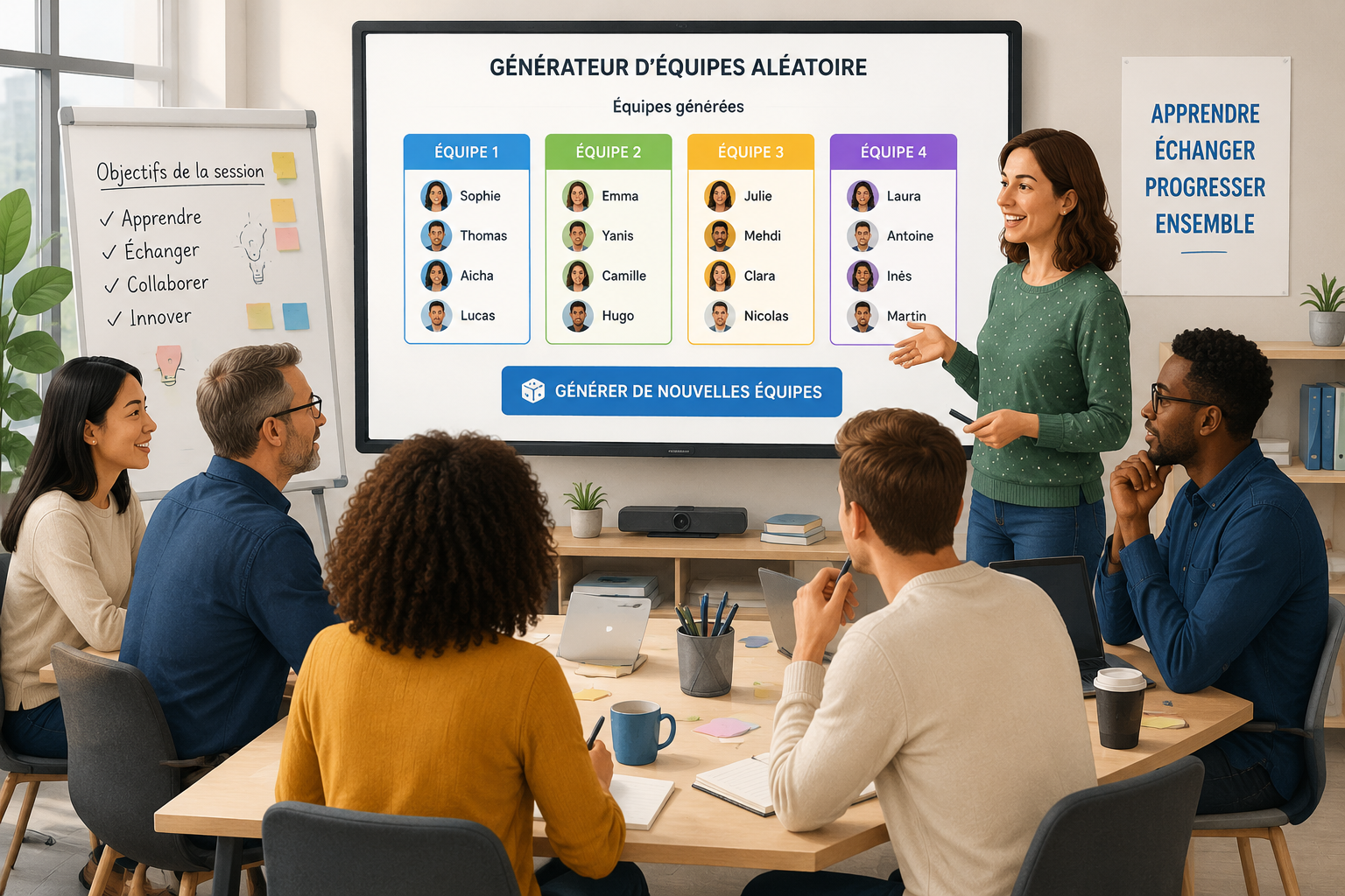 illustration d'un groupe diversifié de collaborateurs en atelier, répartis autour d'une table avec une interface numérique montrant des équipes aléatoires colorées, ambiance de formation lumineuse et collaborative