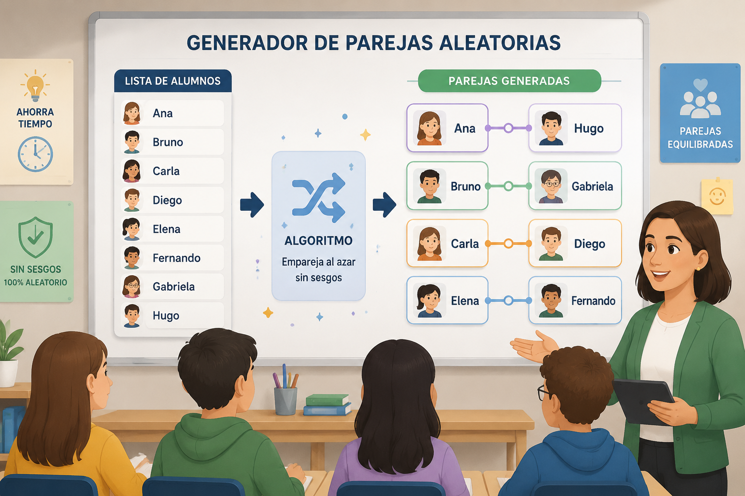 Esquema visual con nombres en tarjetas que se conectan en pares mediante líneas de colores, representando el funcionamiento del generador de parejas.