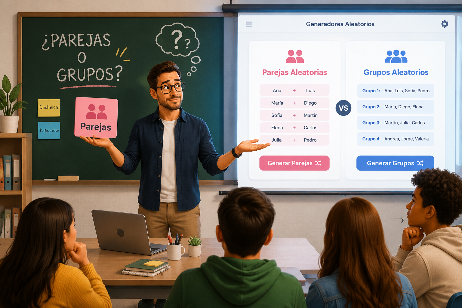 Ilustración de un profesor frente a una pizarra que debate entre repartir tarjetas de 'Parejas' o 'Grupos', mientras una interfaz digital proyecta ambas opciones.