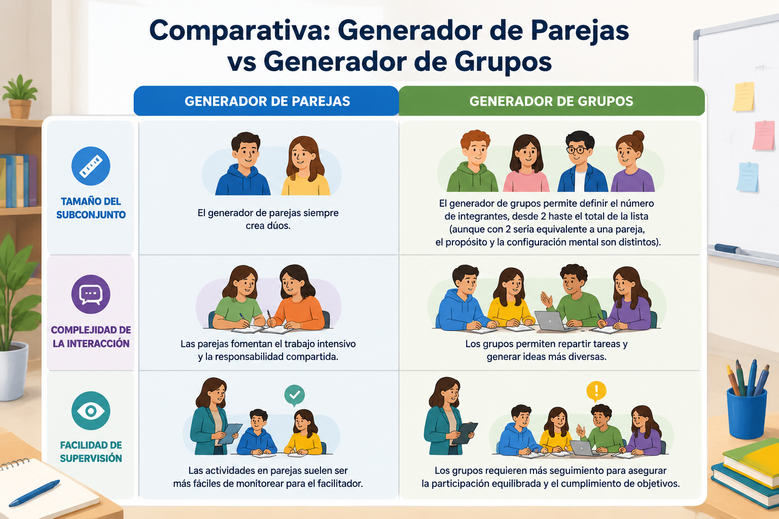 Tabla comparativa con los iconos de dos personas para parejas y cuatro personas para grupos, y breves descripciones de cada caso de uso.