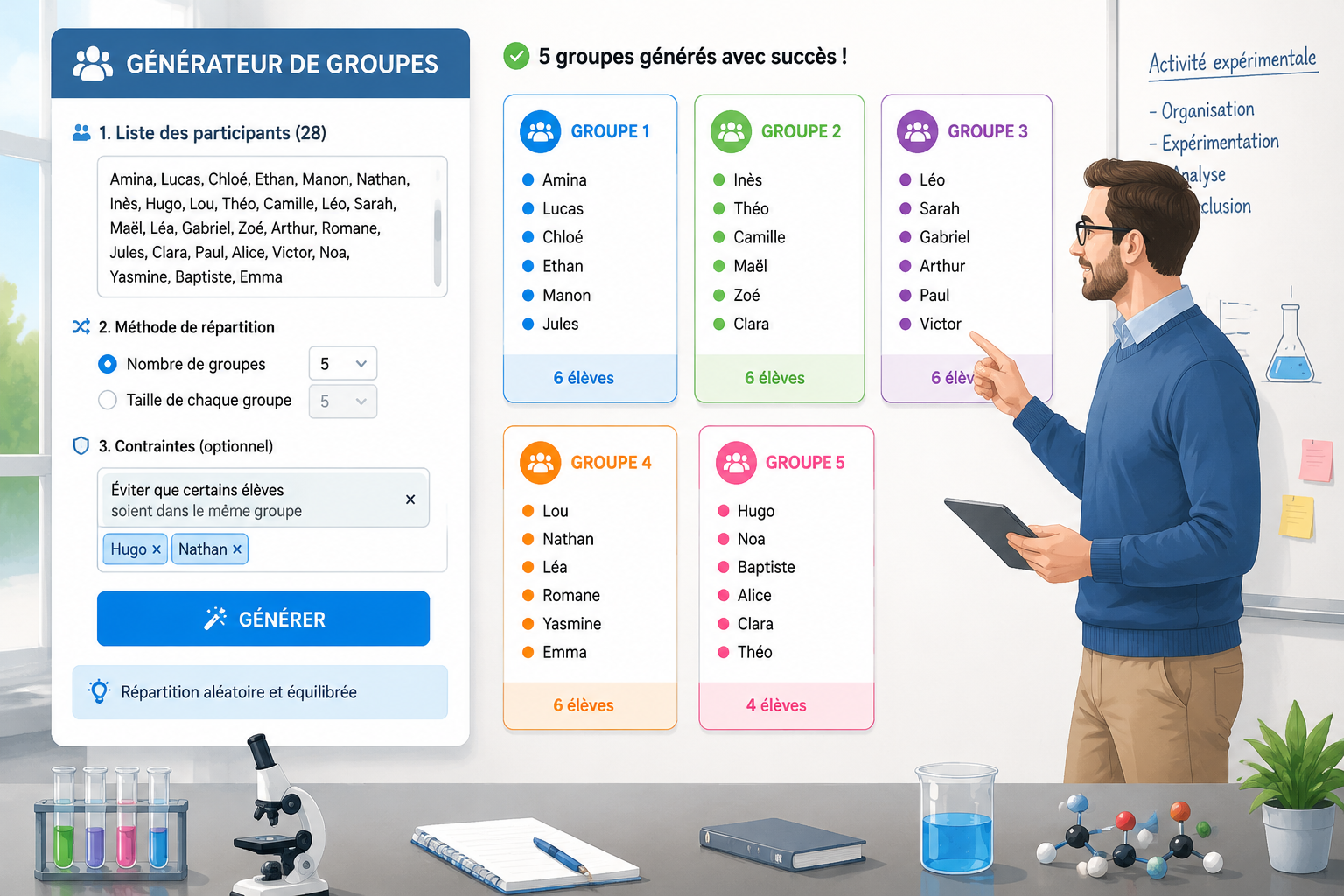 Illustration du générateur de groupes montrant plusieurs équipes réparties dans des cadres distincts, interface ordonnée et lisible