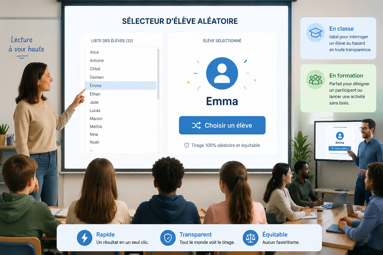 Interface d’un sélecteur d’élève aléatoire affichant une liste de noms avec un nom en surbrillance, design sobre et clair