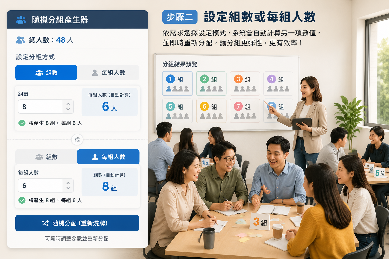 隨機分組產生器的設定面板示意圖,包含「組數」與「每組人數」兩個切換標籤,數字以清晰字體顯示,旁邊有隨機分配按鈕。