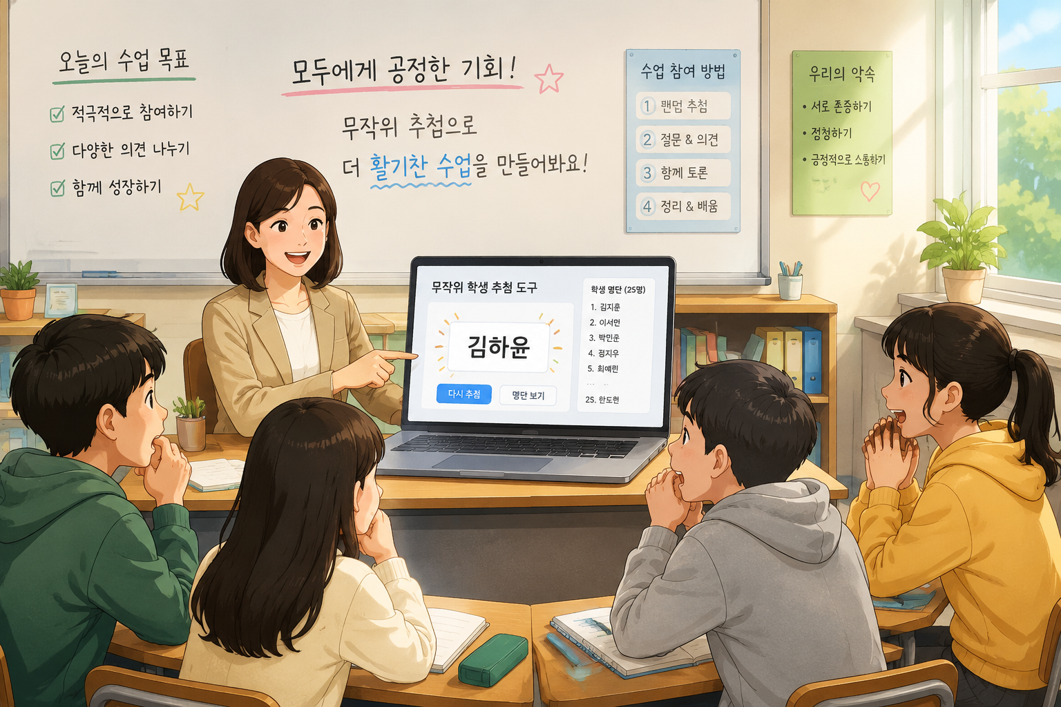 교사가 노트북 앞에서 무작위 학생 추첨 도구 화면을 보여주고, 학생들이 긴장감과 호기심을 가지고 쳐다보는 모습의 밝은 교실 일러스트