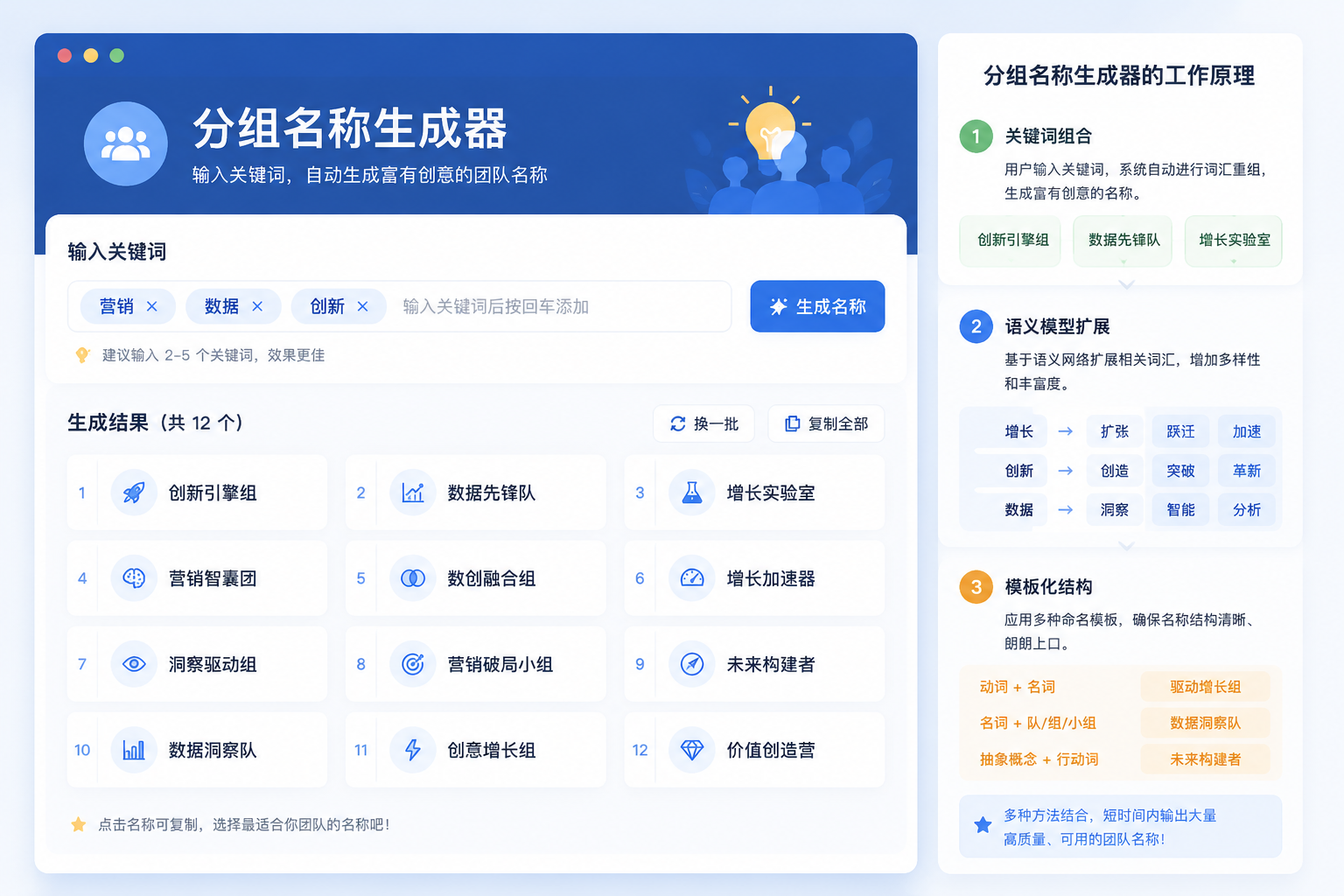 界面展示一个分组名称生成器工具,输入关键词后生成多个团队名称列表的简洁网页界面