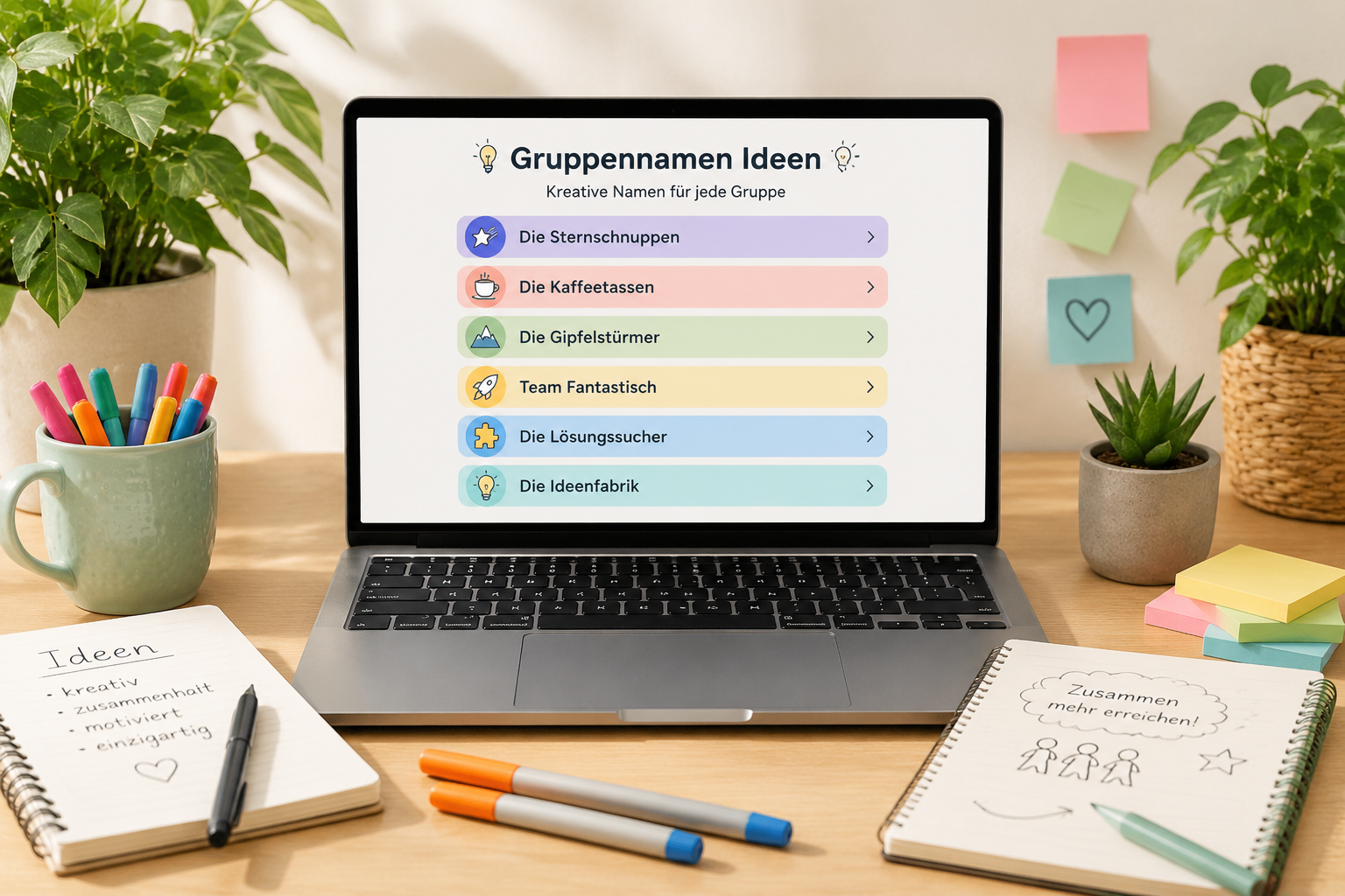 Ein geöffneter Laptop mit einem Bildschirm, der eine Liste bunter Gruppennamen wie "Die Sternschnuppen" und "Die Kaffeetassen" anzeigt, umgeben von Stiften, Notizblöcken und Pflanzen – freundlich, aufgeräumt und einladend.