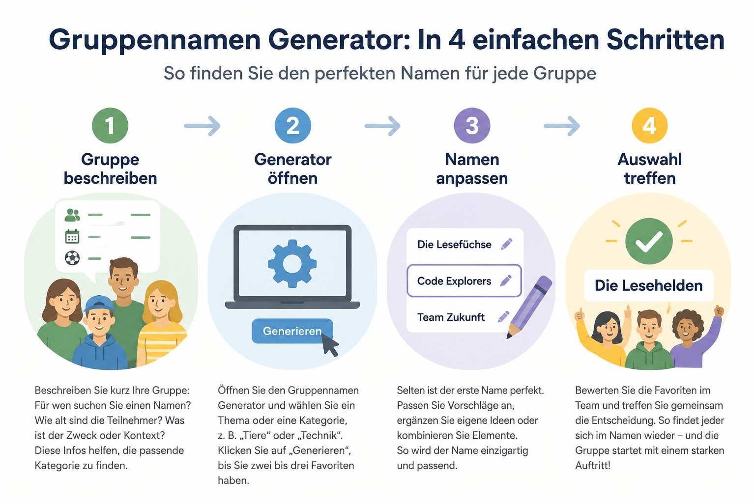 Ein aufgeräumtes Infografik-Diagramm mit vier Schritten: 1. Gruppe beschreiben (Icon: Personen), 2. Generator öffnen (Icon: Zahnrad), 3. Namen anpassen (Icon: Stift), 4. Auswahl treffen (Icon: Häkchen). Klare Linien, freundliche Farben.