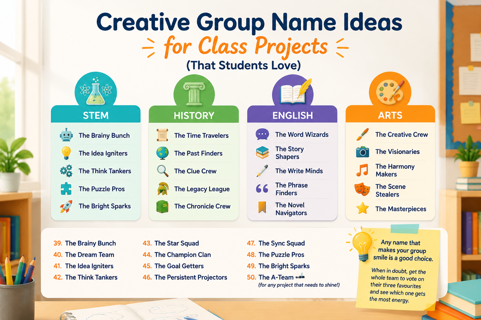 A colorful infographic-style visual listing group name categories—STEM, History, English, Arts—with sample names illustrated by small icons, bright palette, classroom-friendly.