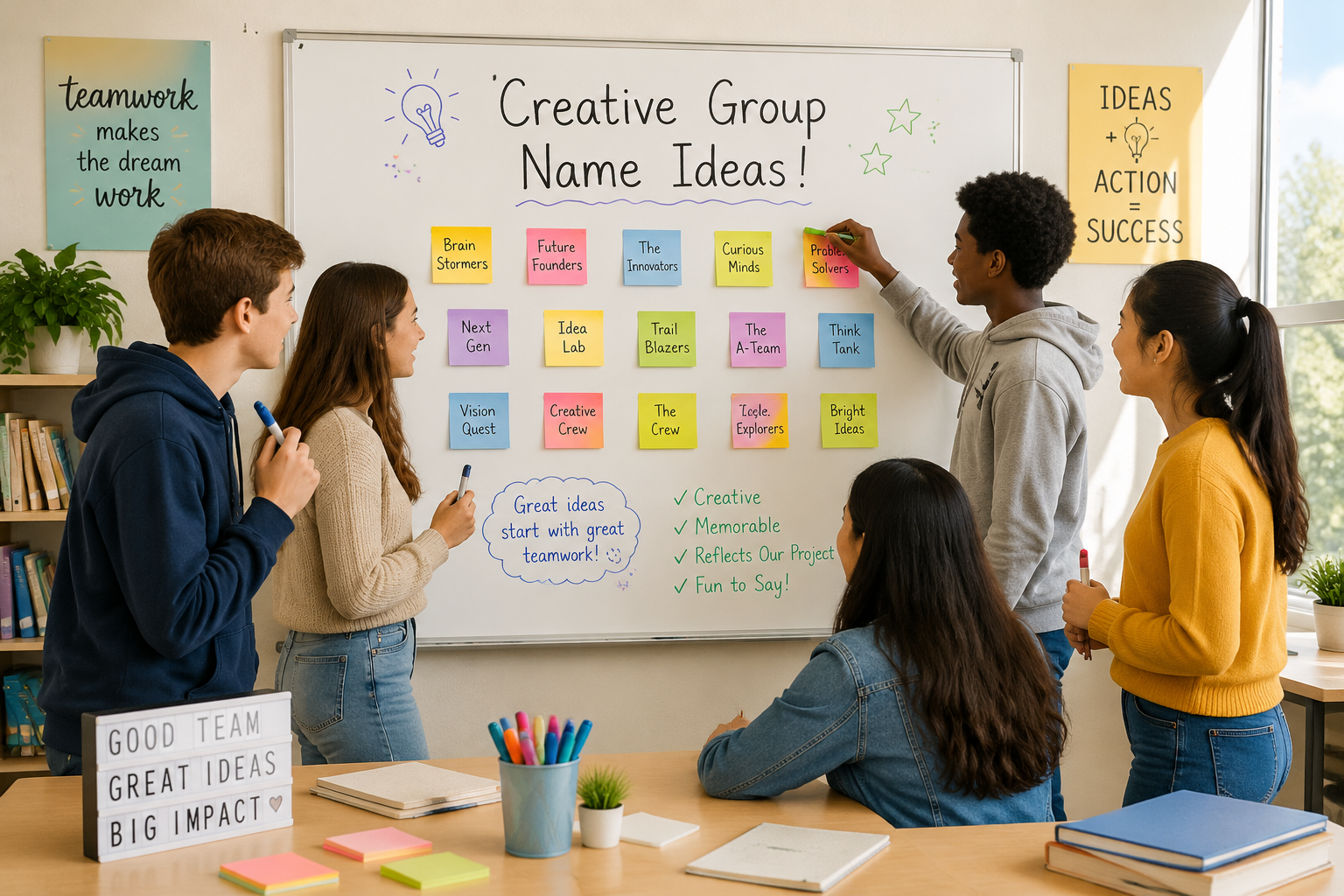 A bright classroom scene where diverse students stand around a whiteboard brainstorming group project names, with sticky notes and markers, soft daylight.
