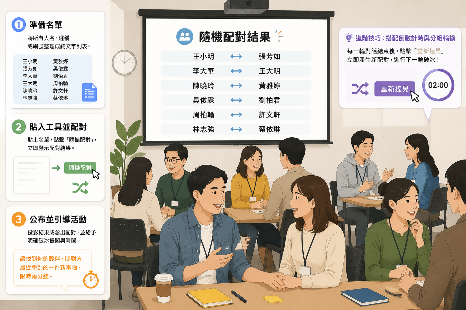 工作坊中投影機顯示隨機配對結果的簡潔插圖,參與者微笑尋找夥伴