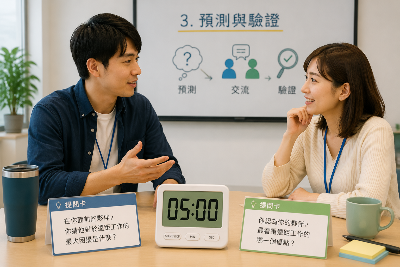 兩個工作坊參與者正在交談,前方有計時器和提問卡片
