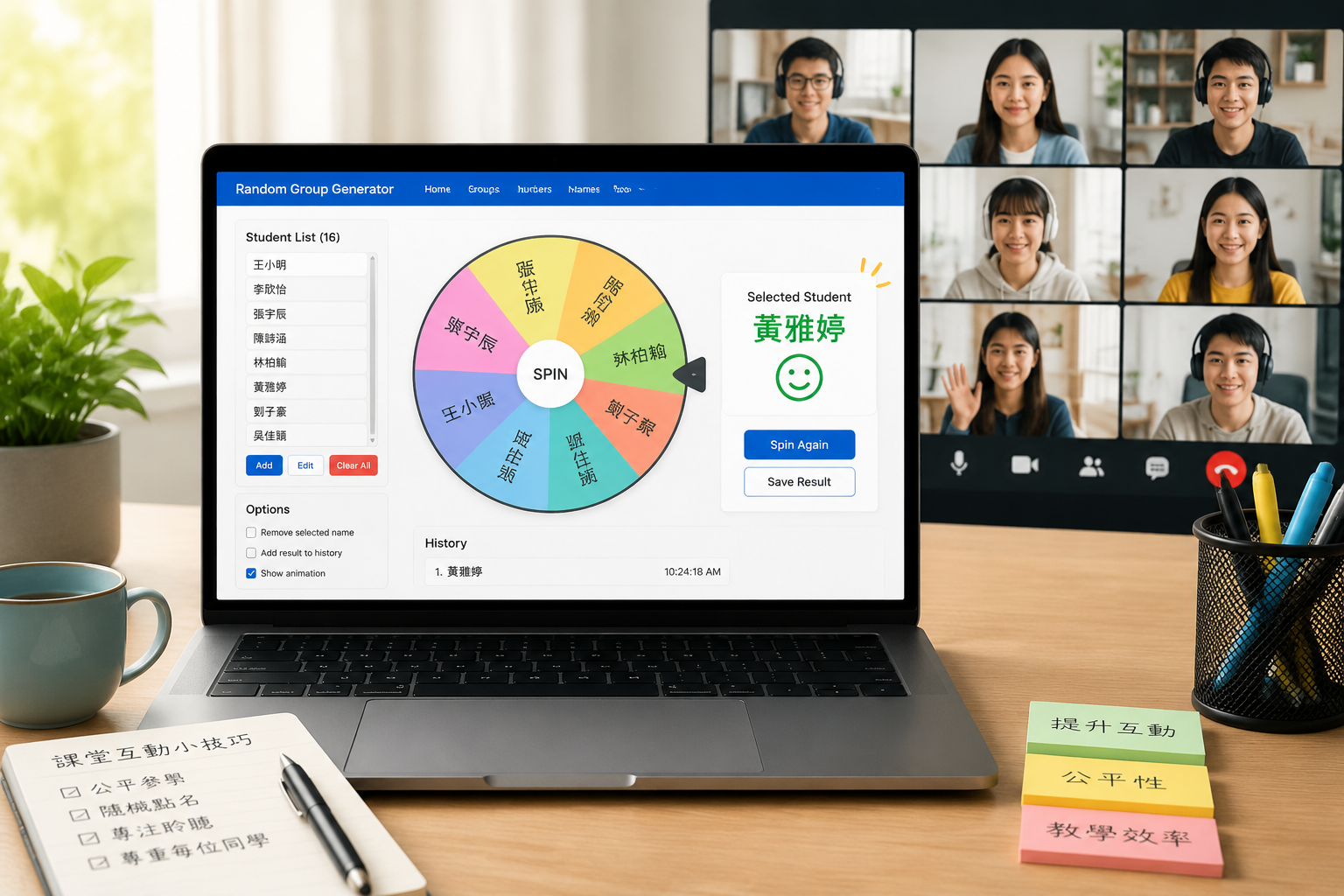 A laptop teacher desk setup with screen showing a random student picker web tool, student name wheel spinning, final chosen name highlighted with a smile icon, virtual meeting grid in background.