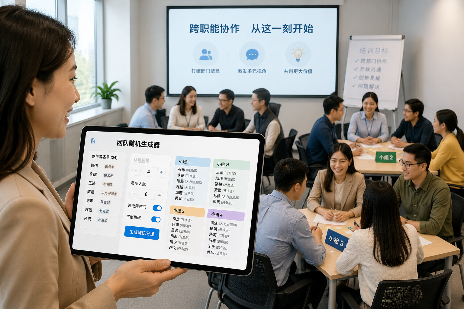 A facilitator holding a tablet displaying a random group generator interface, with diverse office workers forming small groups in a training room