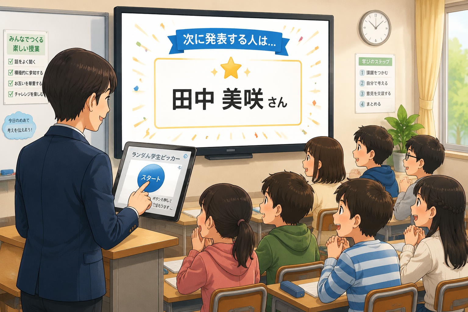 教師がタブレットでランダム学生ピッカーを操作し、教室の生徒たちが期待に満ちた表情でスクリーンを見つめるイラスト