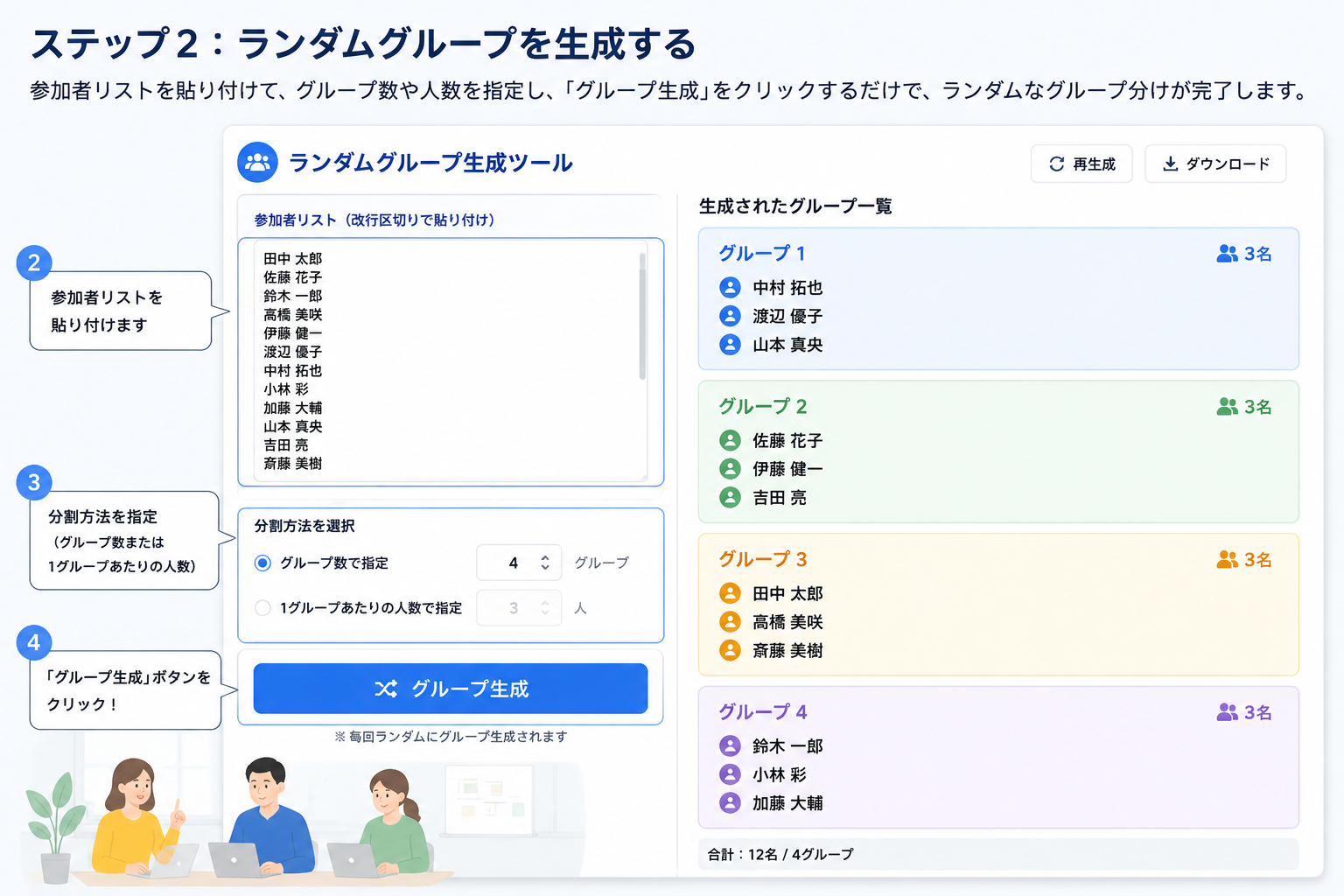 ランダムグループ生成ツールの画面イメージ。参加者リスト入力欄、グループ数設定、生成ボタン、生成されたグループ一覧が表示されている
