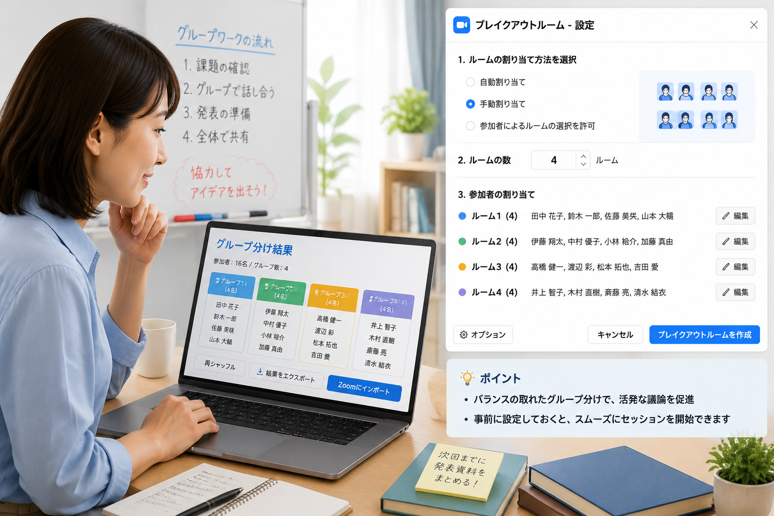 教師がノートパソコンの画面を見ながら、グループ分けの結果を確認しているイラスト。隣にはZoomのブレイクアウトルーム設定画面も表示されている