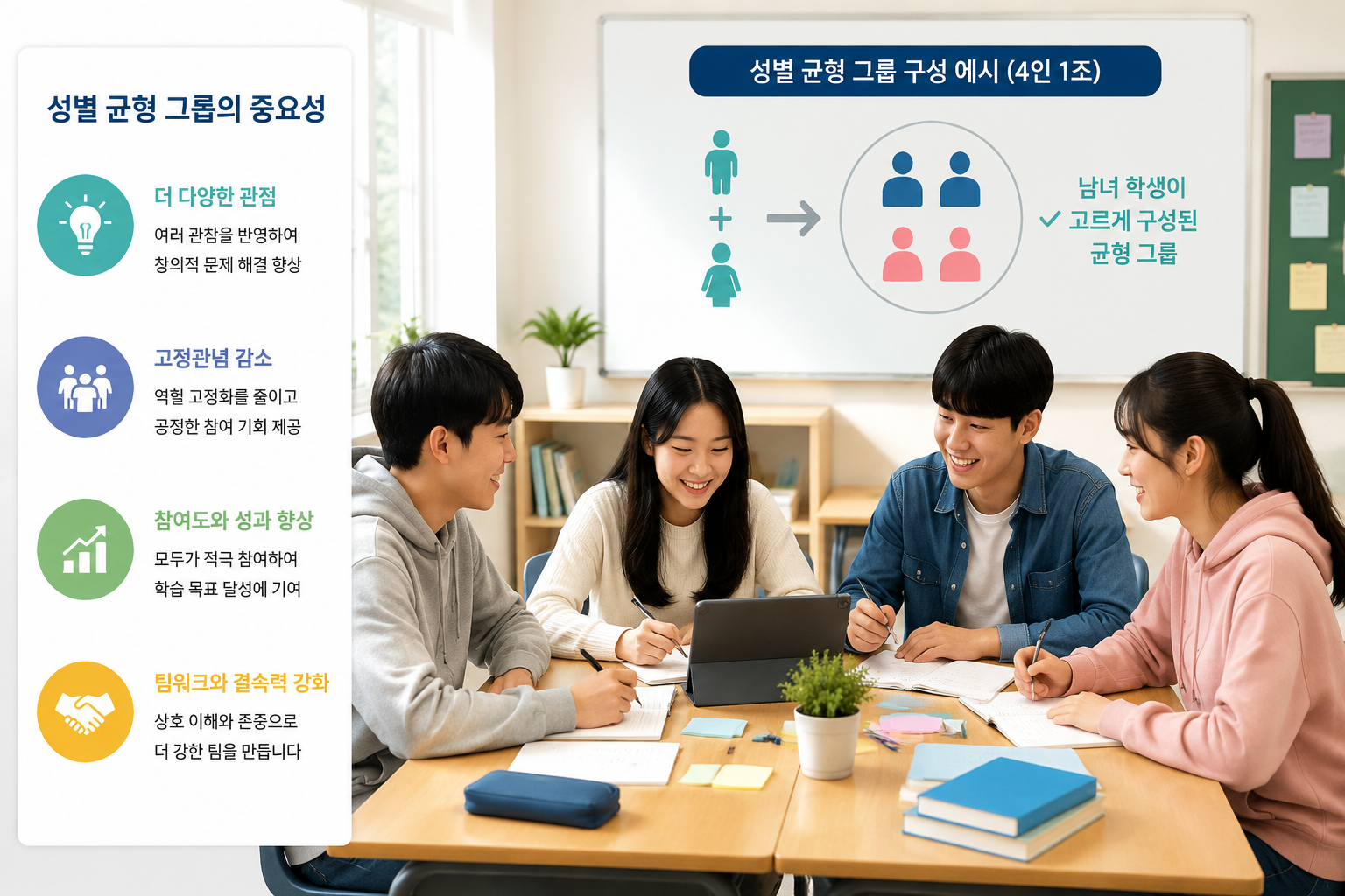 밝은 교실에서 4인용 책상에 남녀 학생이 고르게 앉아 협업하는 모습, 성별 균형 그룹 개념 다이어그램