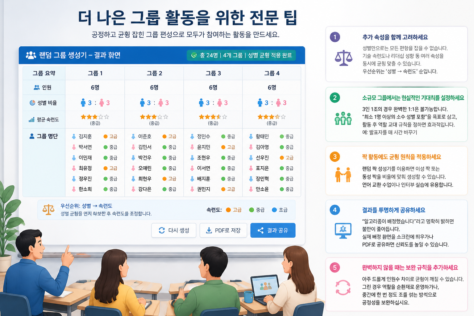 랜덤 그룹 생성기 결과 화면으로, 성별 균형이 맞춰진 여러 그룹 명단이 테이블 형태로 표시된 간략한 도식