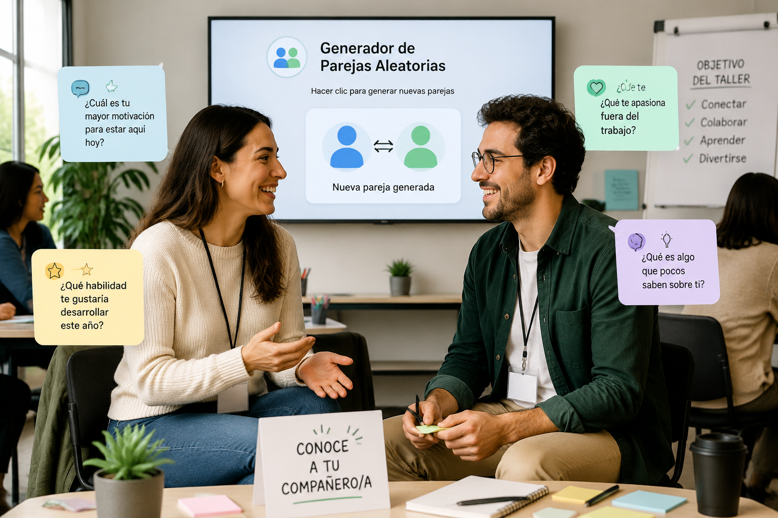 Ilustración de un taller con dos participantes sonriendo mientras se presentan, rodeados de tarjetas de diálogo y una pantalla que muestra el generador de parejas aleatorias