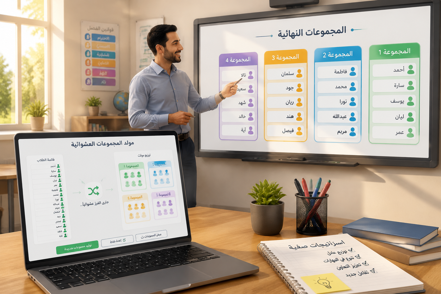 رسم توضيحي يظهر جهاز كمبيوتر محمول على مكتب معلم، وعلى الشاشة قائمة أسماء طلاب يتم فرزها عشوائياً إلى أربع مجموعات ملونة، بينما يشير المعلم إلى السبورة الذكية التي تعرض المجموعات النهائية، الأجواء صباحية ومشرقة