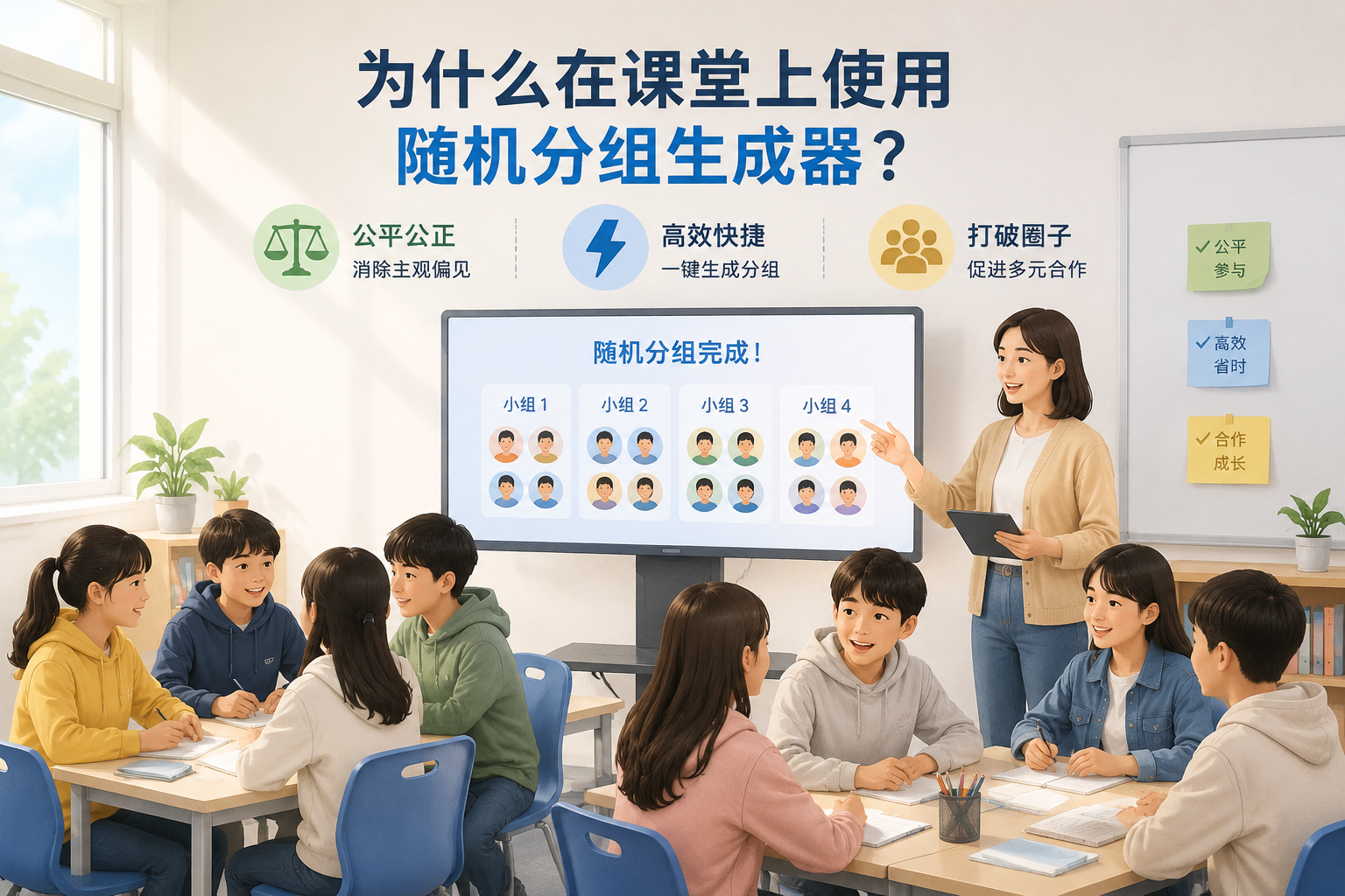 editorial article hero illustration about 为什么在课堂上使用随机分组生成器？, locale zh, soft light, minimal text, clear subject, web article image