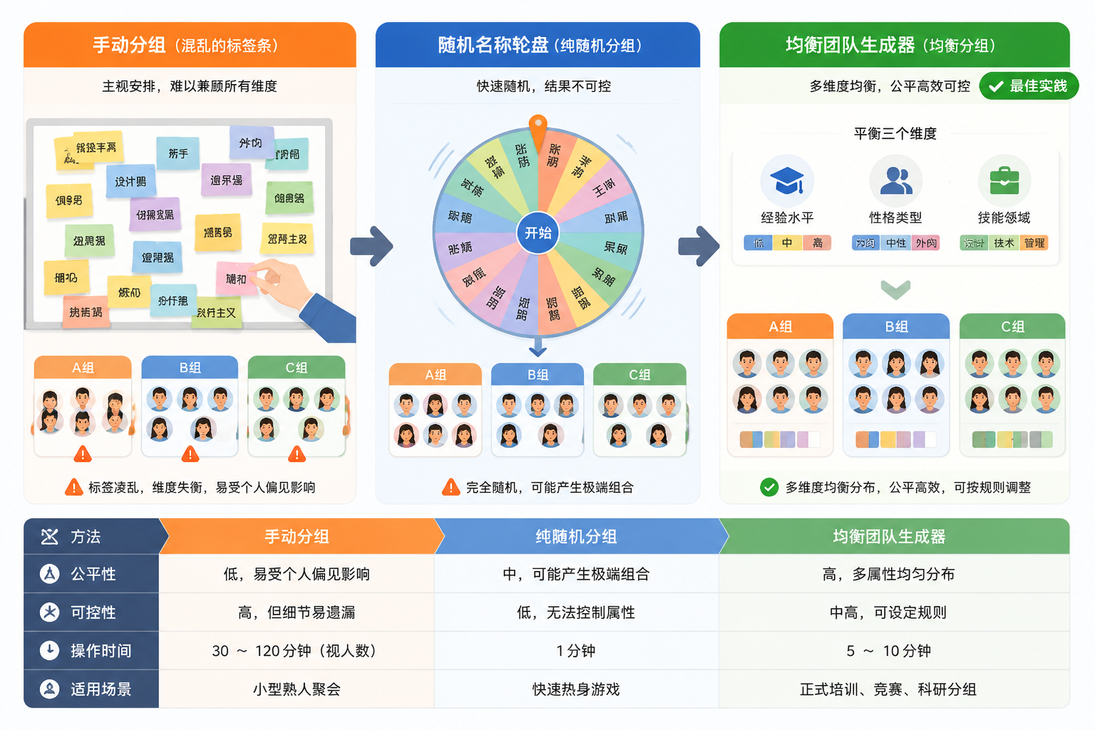 一张信息图，左侧是手动分组混乱的标签条，中间是随机名称轮盘，右侧是均衡分组示意图，三个维度均匀分布，勾选最佳实践