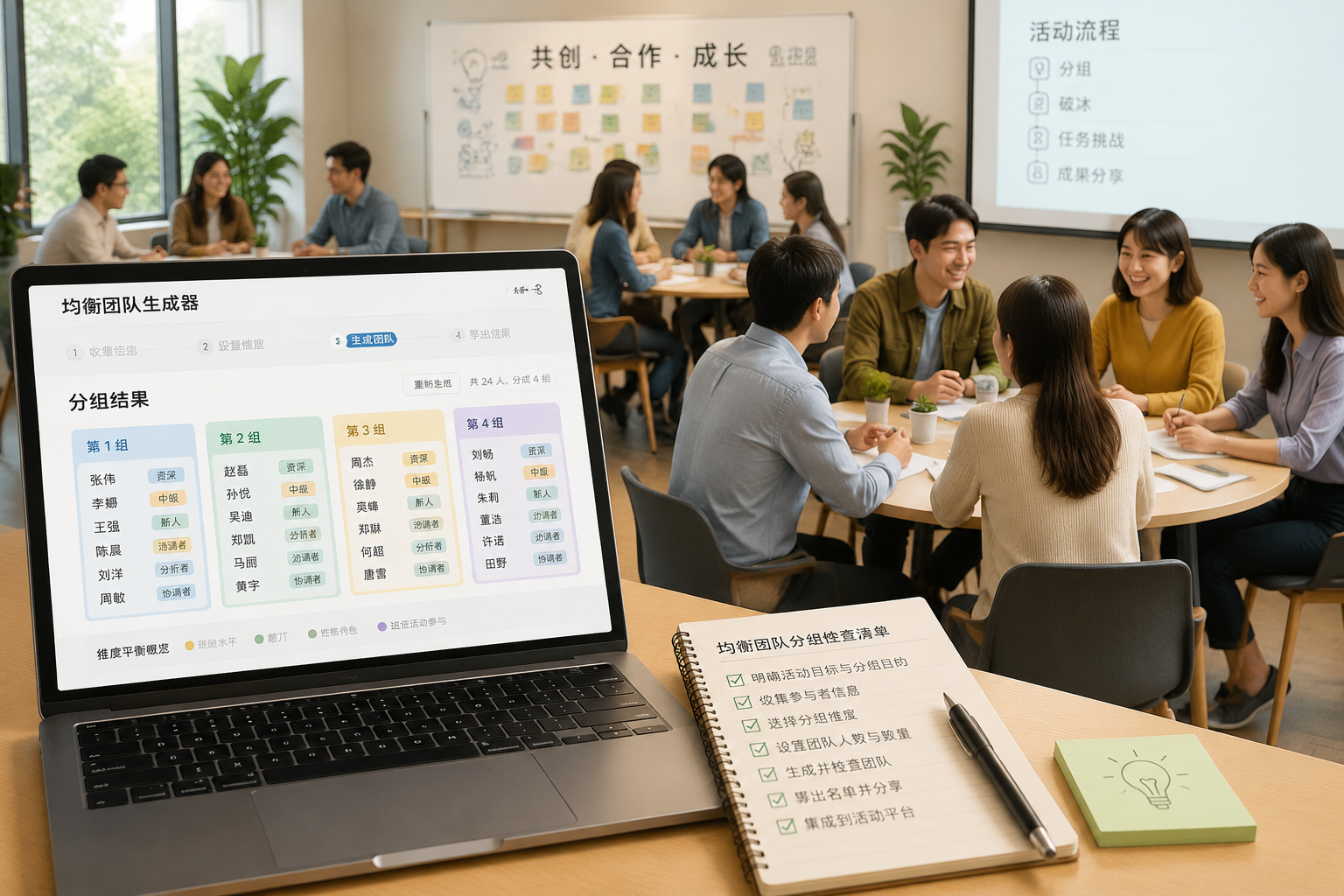 明亮的培训室场景，一台笔记本电脑屏幕上显示着分组结果界面，几组参与者围坐在圆桌旁讨论，气氛活跃