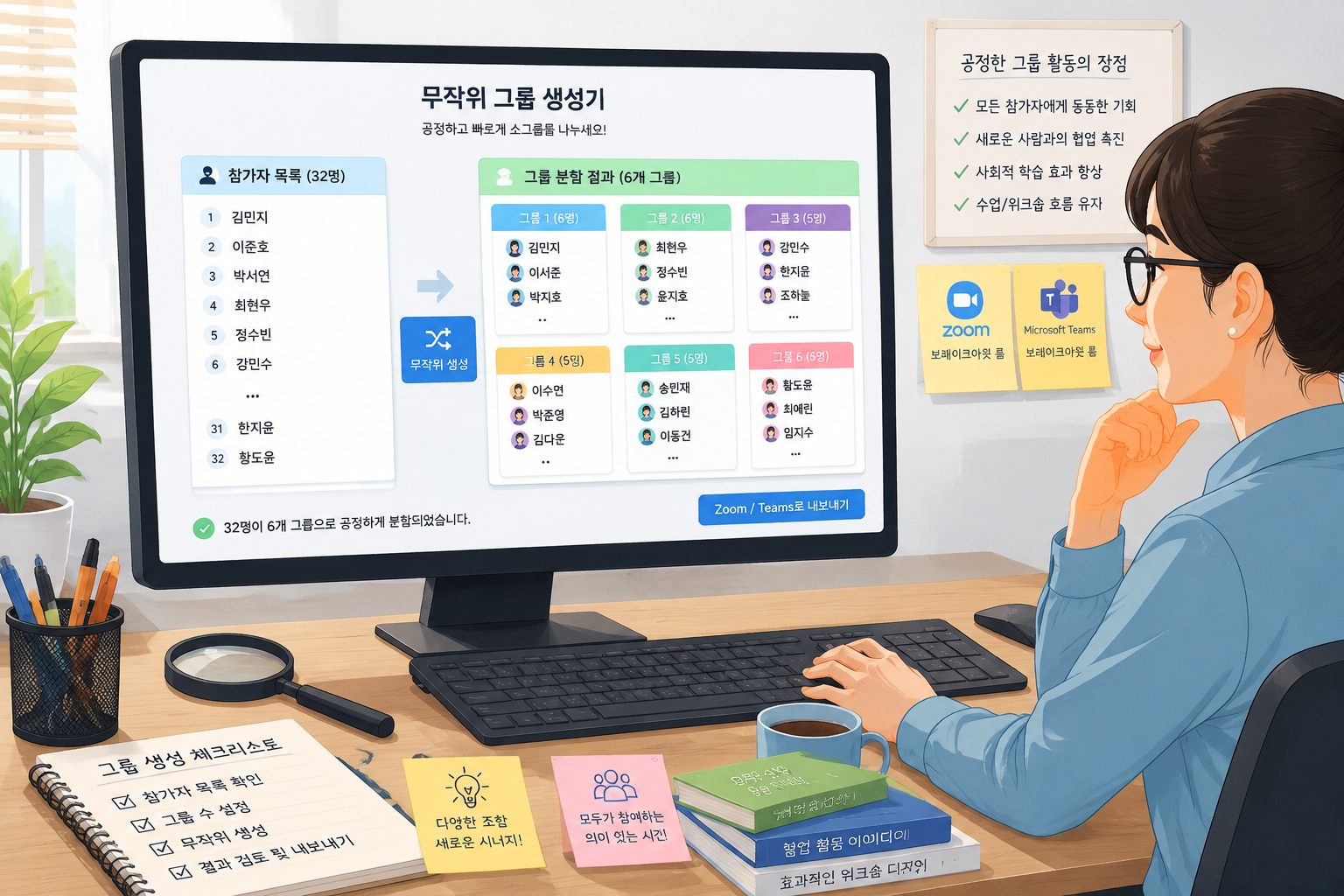 컴퓨터 화면 앞에서 무작위 그룹 생성기를 사용하는 교사. 화면에는 이름 목록과 그룹 분할 결과가 표시되며, 주변에는 확대경과 메모지 같은 교육 도구가 놓여 있다. 깨끗한 일러스트 스타일의 16:9 삽화