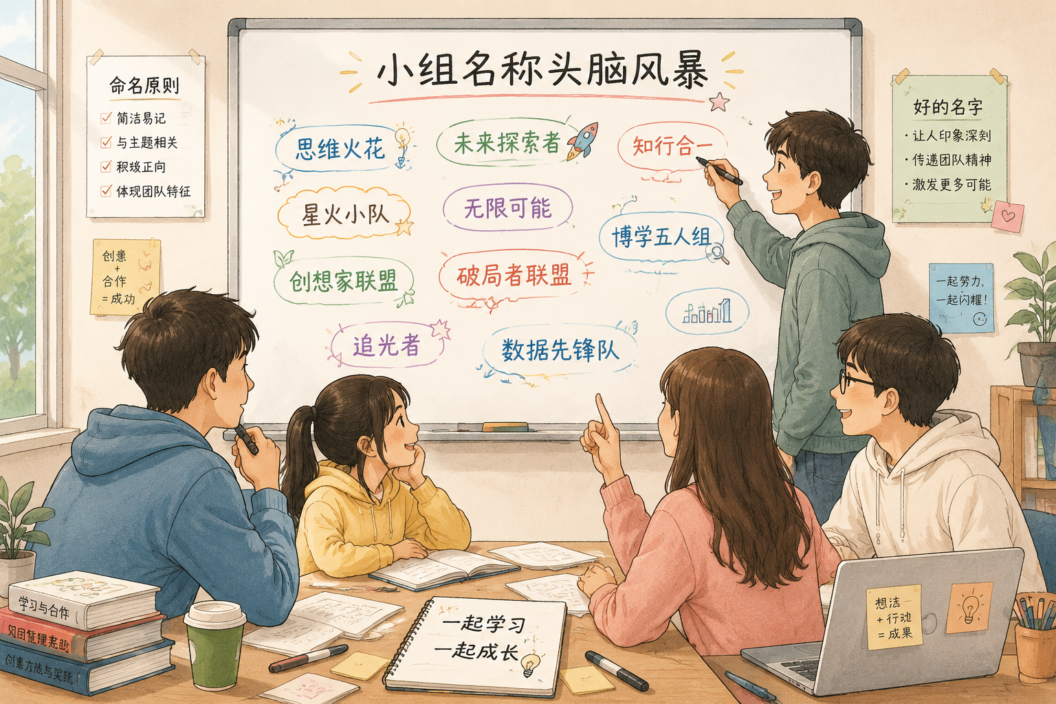 学生围坐讨论并在白板上写下多个小组名称创意的场景,轻松学习氛围,手绘风格标注