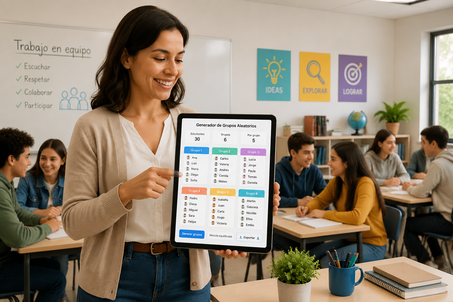 docente sonriente usando la herramienta de generación de grupos aleatorios en una tablet