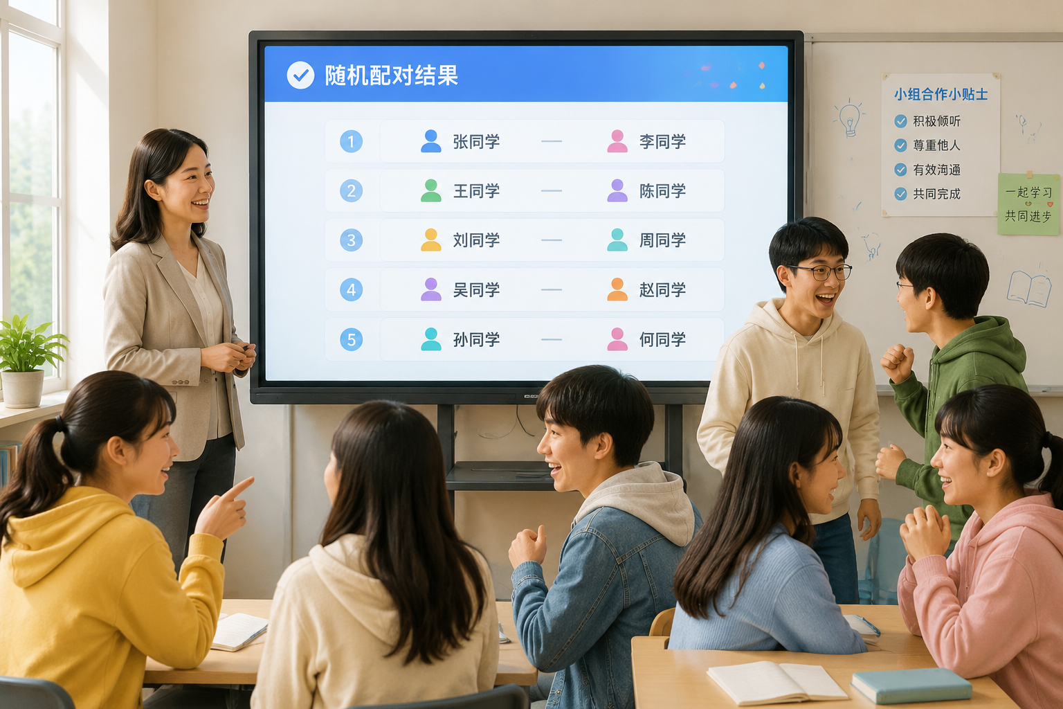 教师微笑看着大屏幕上显示的随机配对结果，学生们兴奋地寻找自己的伙伴。