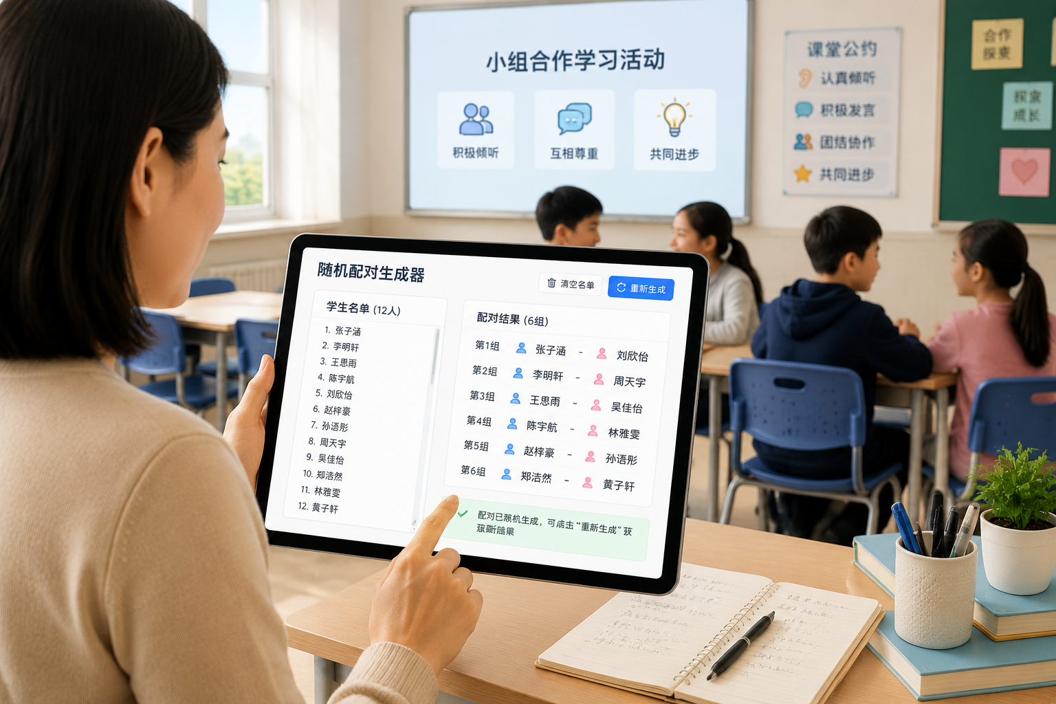 教师在平板电脑上使用随机配对生成器应用，界面显示学生姓名列表和生成的配对结果，背景是明亮的教室环境。