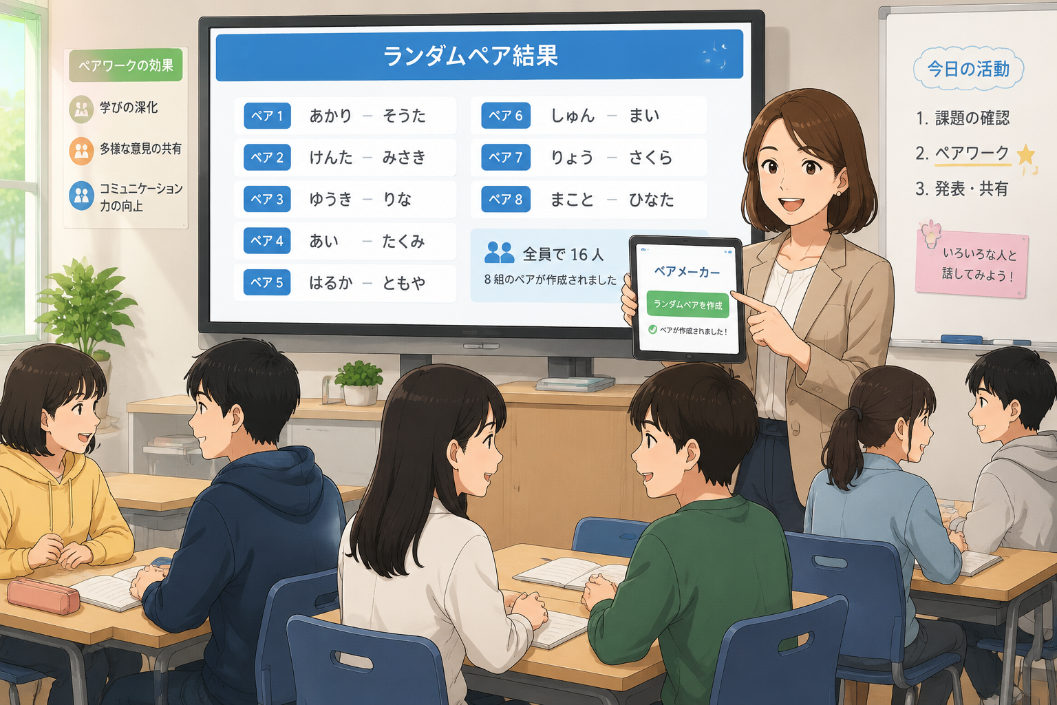 An illustration of a teacher smiling and using a tablet to display random pair groupings on a screen, with students in a classroom background, bright but controlled colors