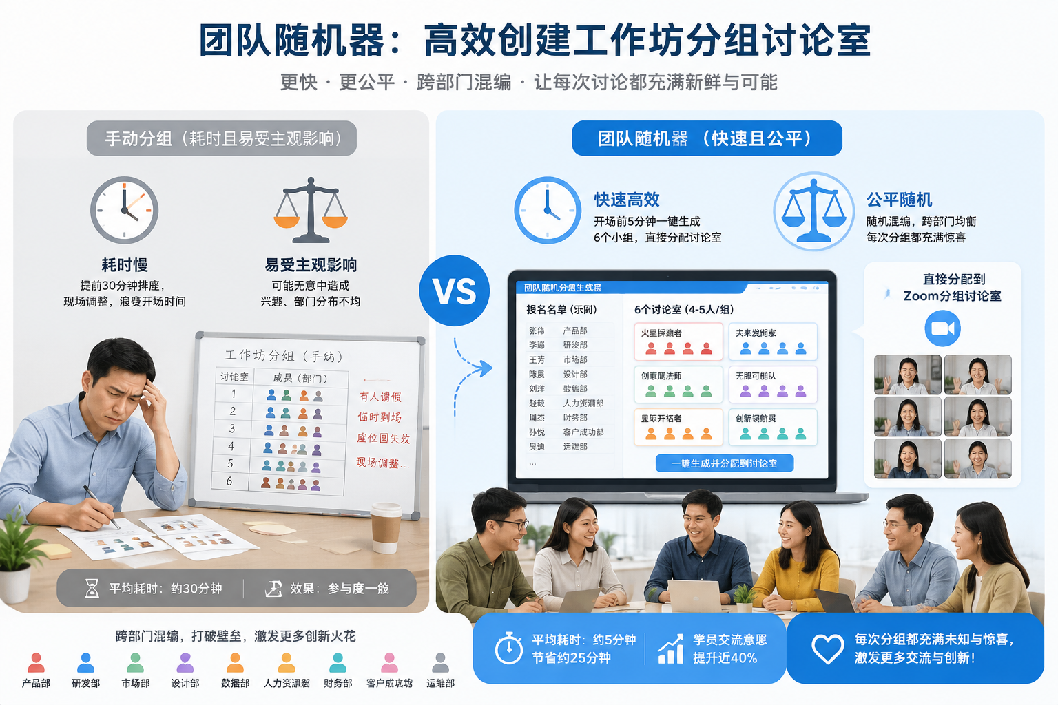 Infographic comparing manual grouping (slow, prone to bias) to team randomizer (fast, unbiased) with icons of a clock and a balance scale, plus participants mixing across departments.